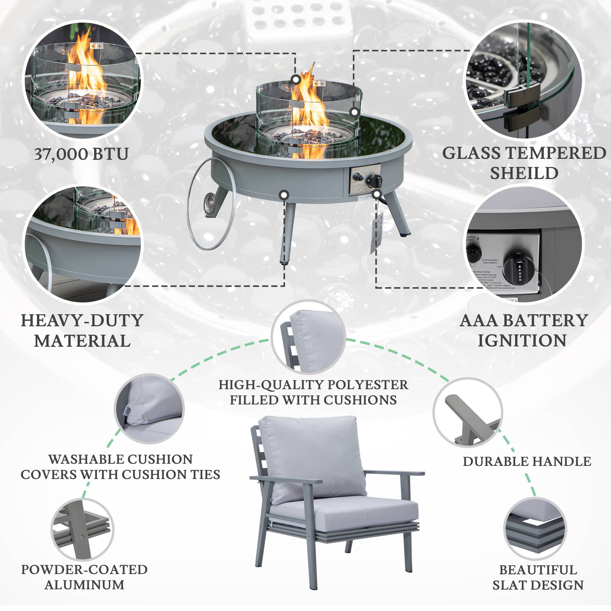 LeisureMod Walbrooke Modern Gray Patio Conversation With Round Fire Pit & Tank Holder - Light Gray