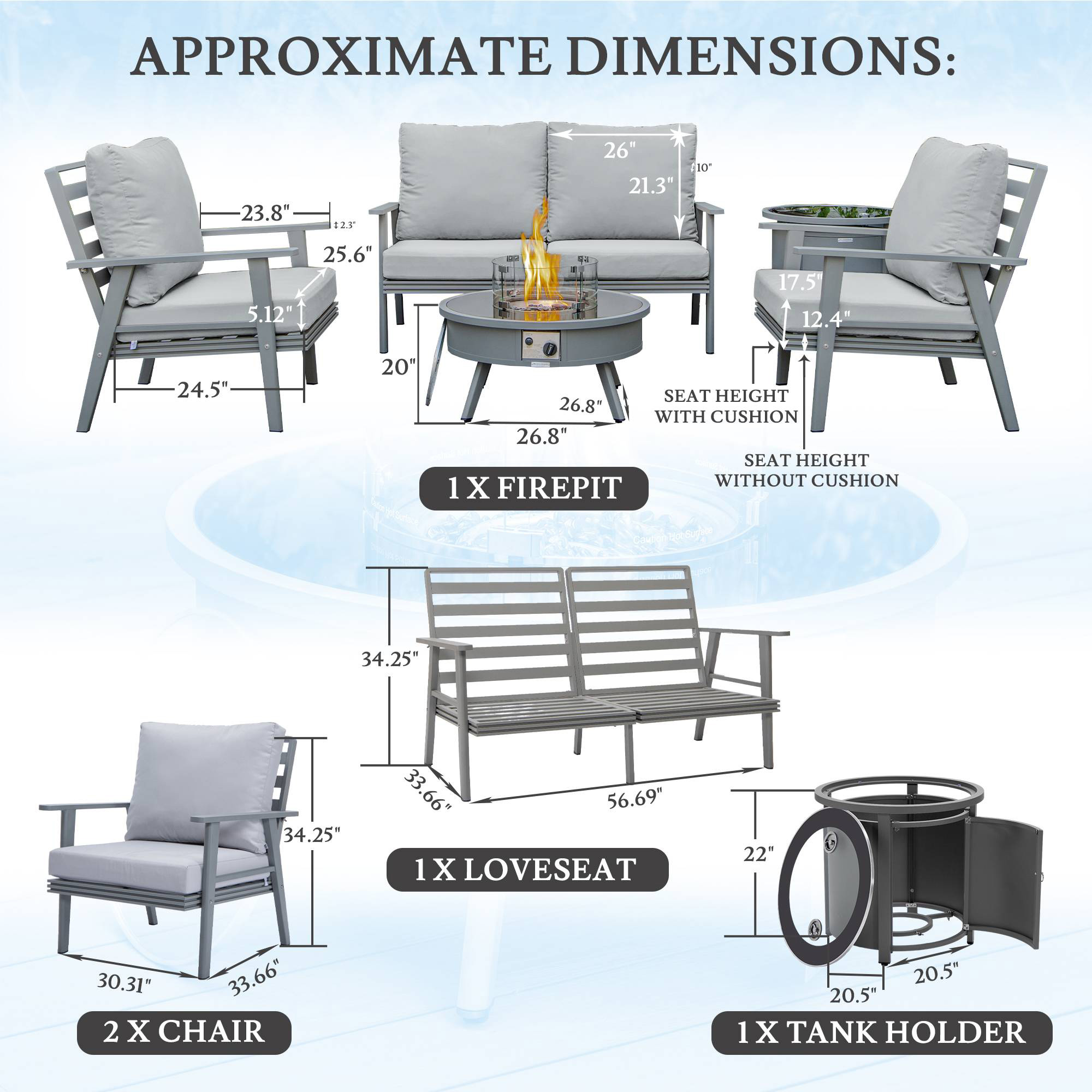 LeisureMod Walbrooke Modern Gray Patio Conversation With Round Fire Pit & Tank Holder - Light Gray