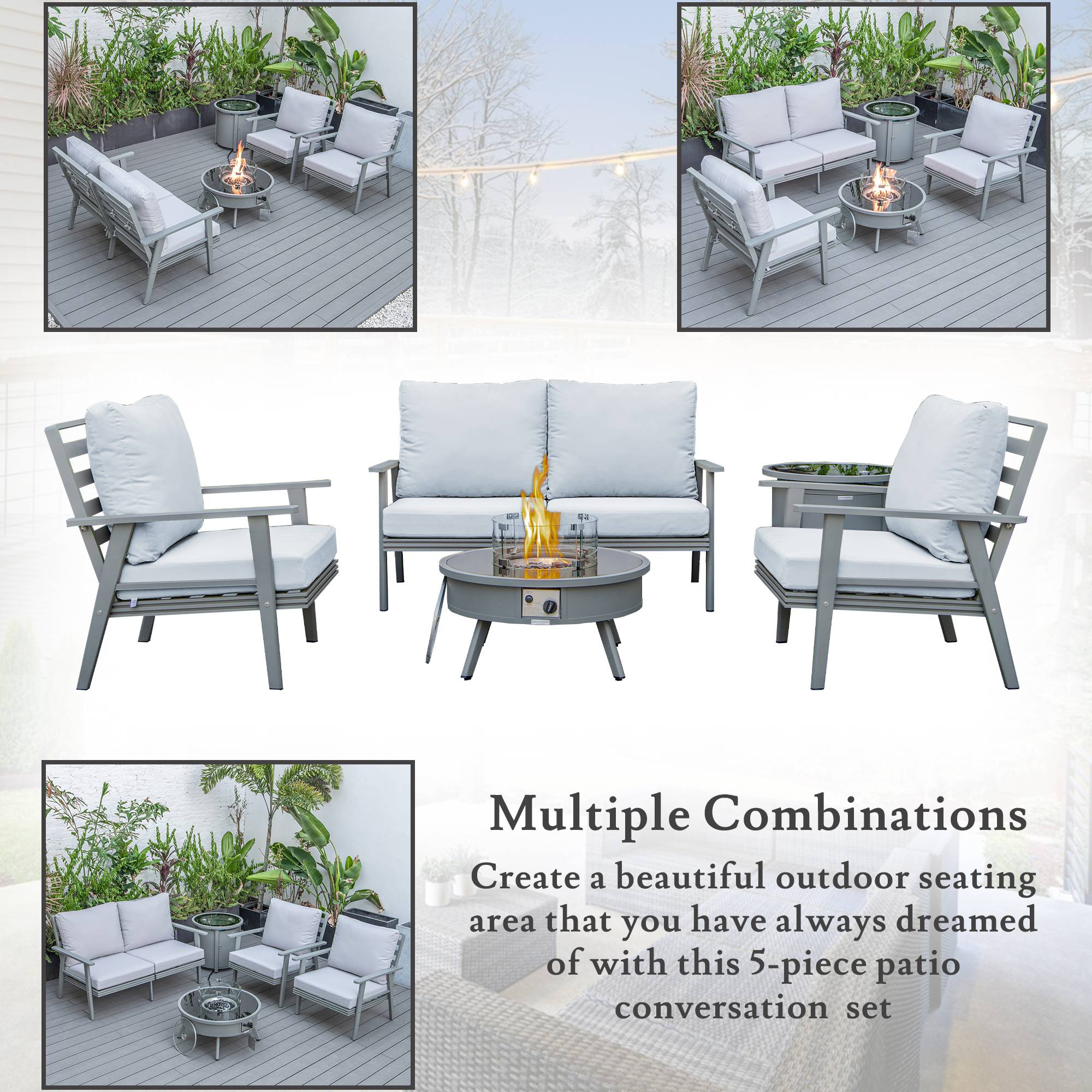 LeisureMod Walbrooke Modern Gray Patio Conversation With Round Fire Pit & Tank Holder - Light Gray