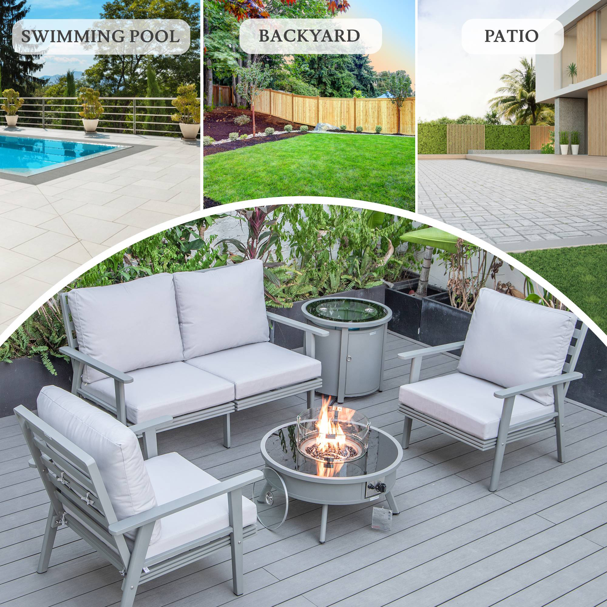 LeisureMod Walbrooke Modern Gray Patio Conversation With Round Fire Pit & Tank Holder - Light Gray