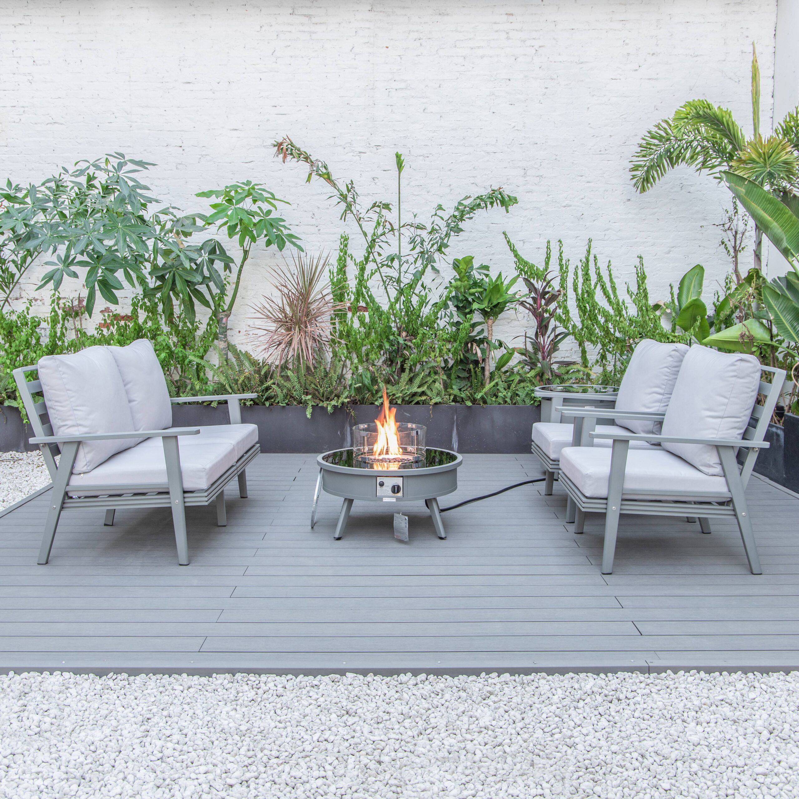 LeisureMod Walbrooke Modern Gray Patio Conversation With Round Fire Pit & Tank Holder - Light Gray