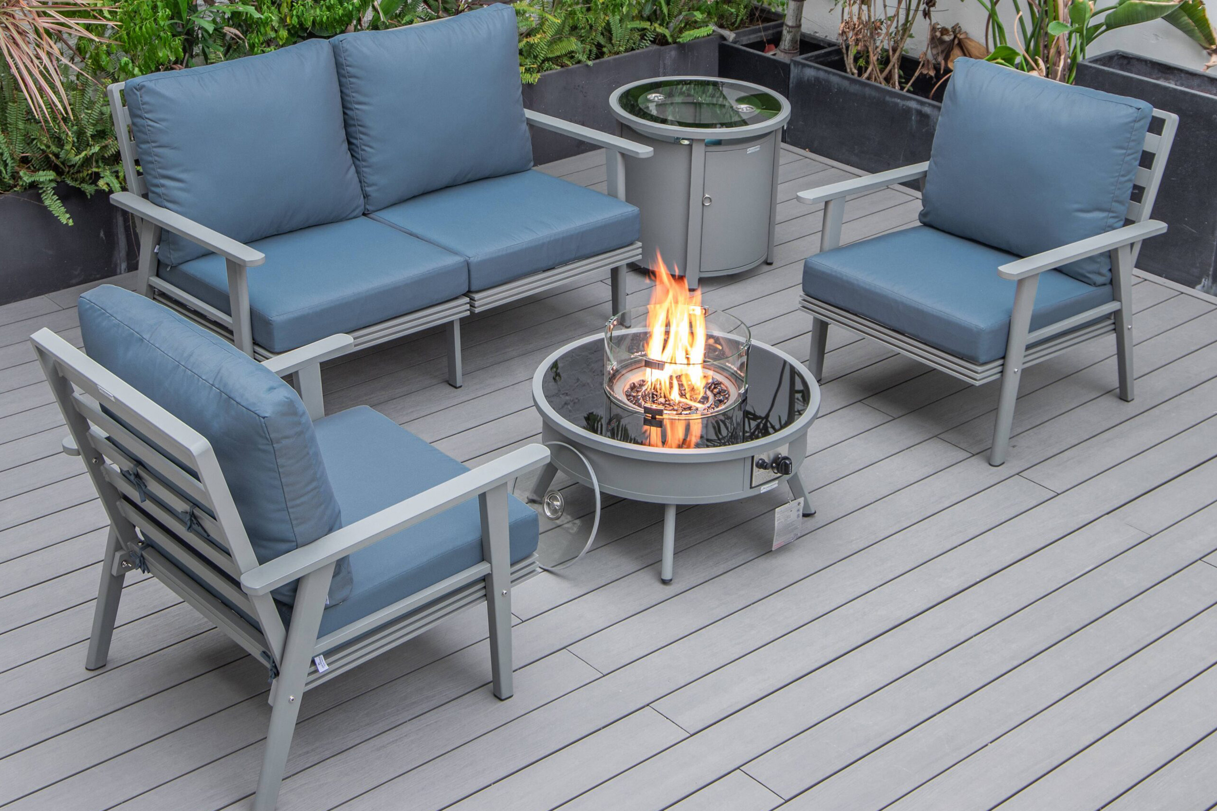 LeisureMod Walbrooke Modern Black Patio Conversation With Round Fire Pit & Tank Holder