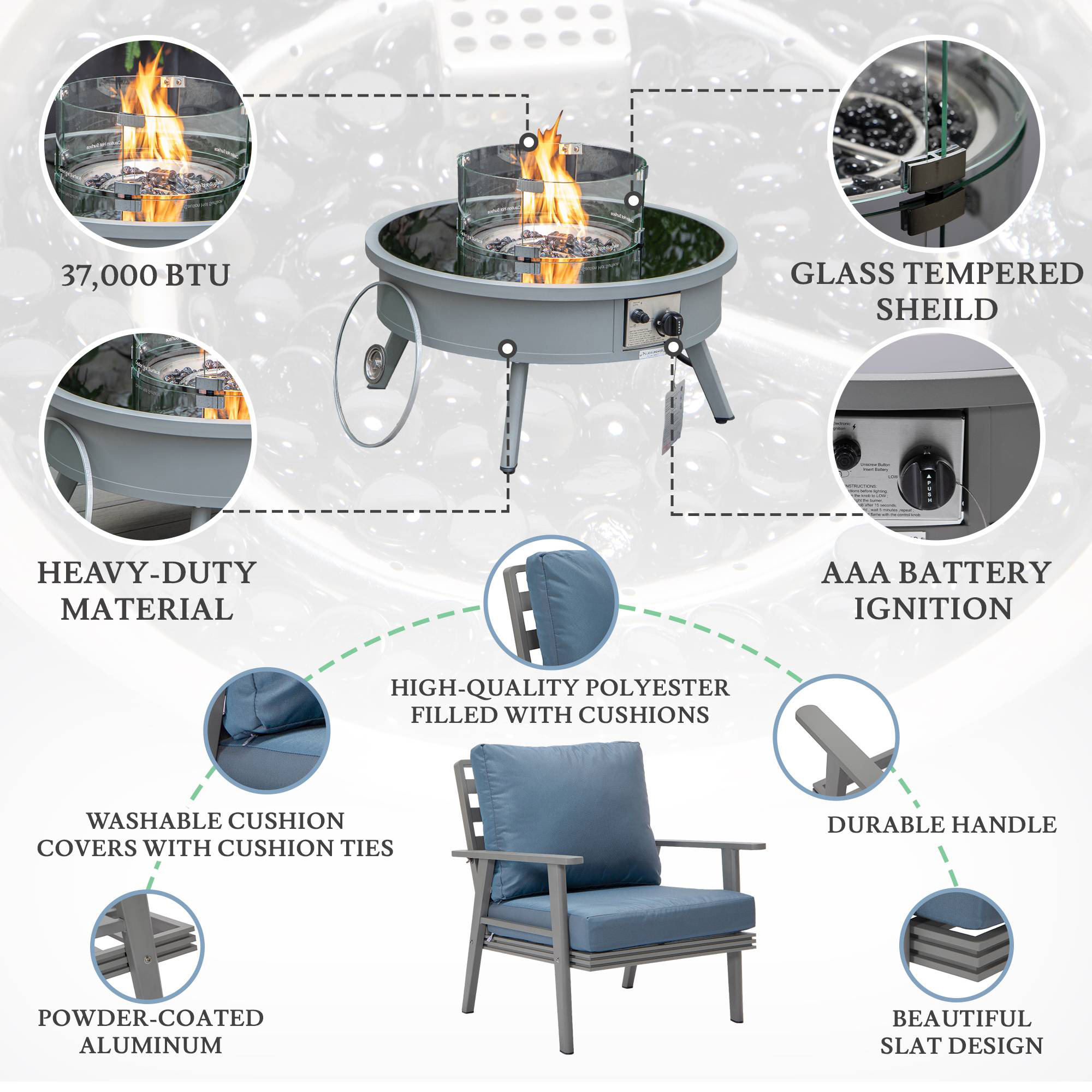 LeisureMod Walbrooke Modern Gray Patio Conversation With Round Fire Pit & Tank Holder - Navy Blue