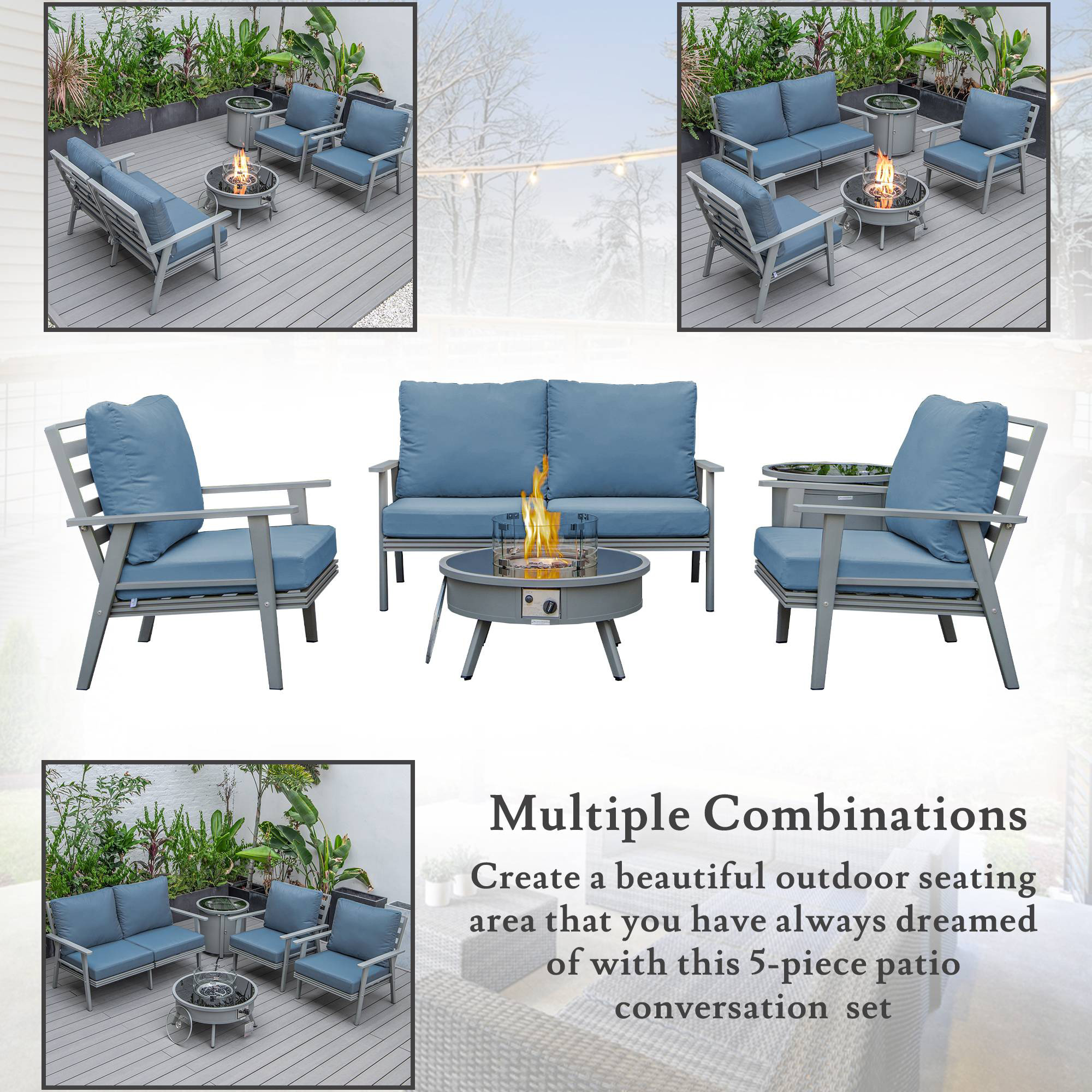 LeisureMod Walbrooke Modern Gray Patio Conversation With Round Fire Pit & Tank Holder - Navy Blue