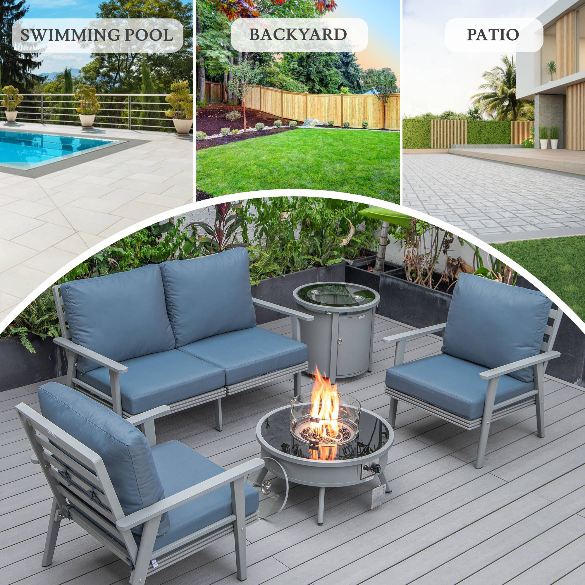 LeisureMod Walbrooke Modern Gray Patio Conversation With Round Fire Pit & Tank Holder - Navy Blue