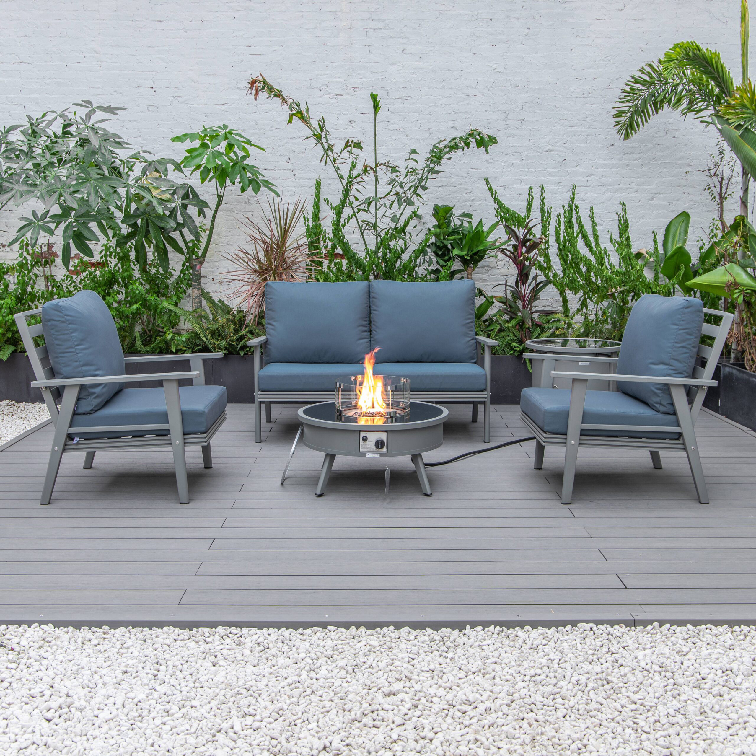 LeisureMod Walbrooke Modern Gray Patio Conversation With Round Fire Pit & Tank Holder - Navy Blue