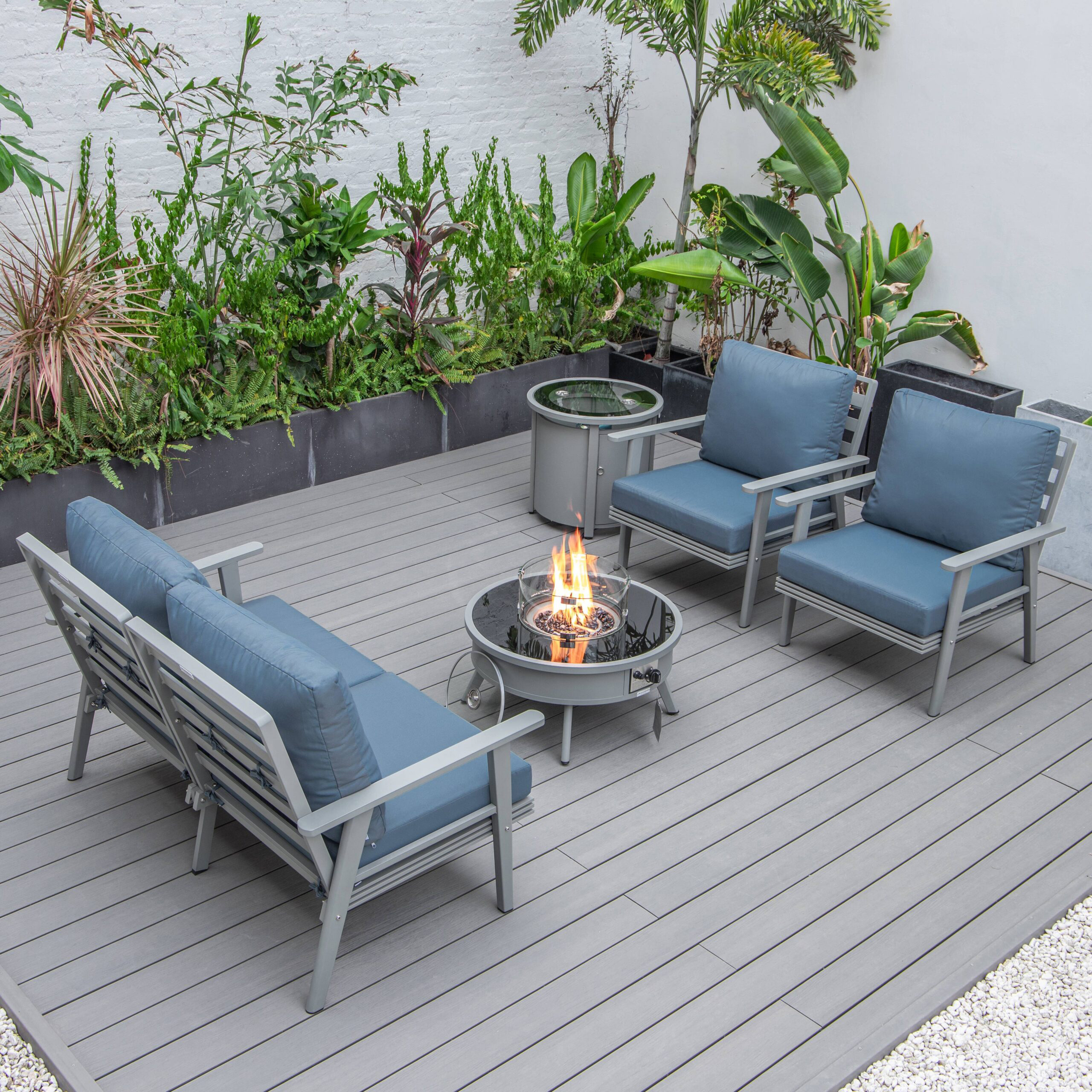 LeisureMod Walbrooke Modern Gray Patio Conversation With Round Fire Pit & Tank Holder - Navy Blue