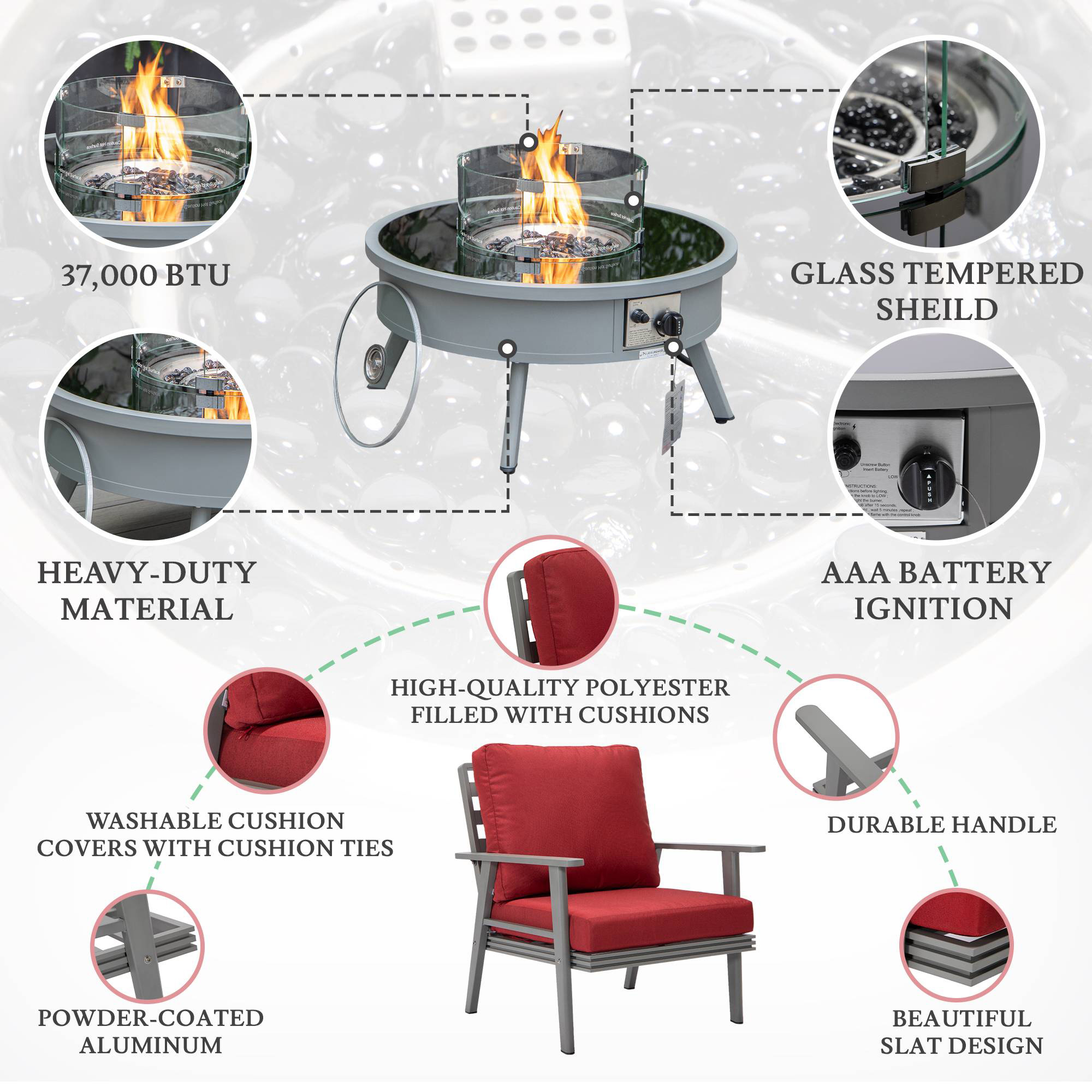 LeisureMod™ Walbrooke Modern Gray Patio Conversation With Round Fire Pit & Tank Holder - Red