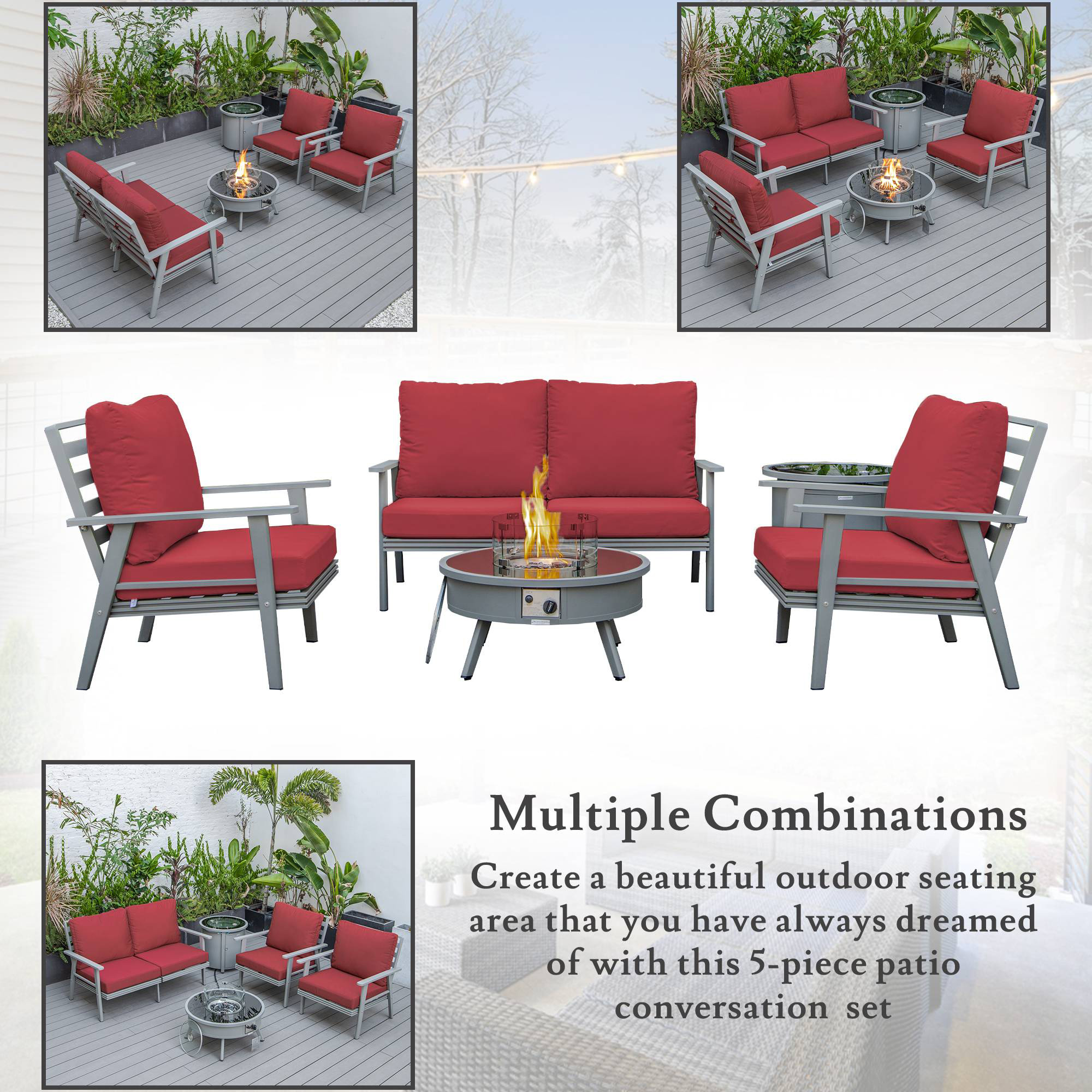 LeisureMod™ Walbrooke Modern Gray Patio Conversation With Round Fire Pit & Tank Holder - Red