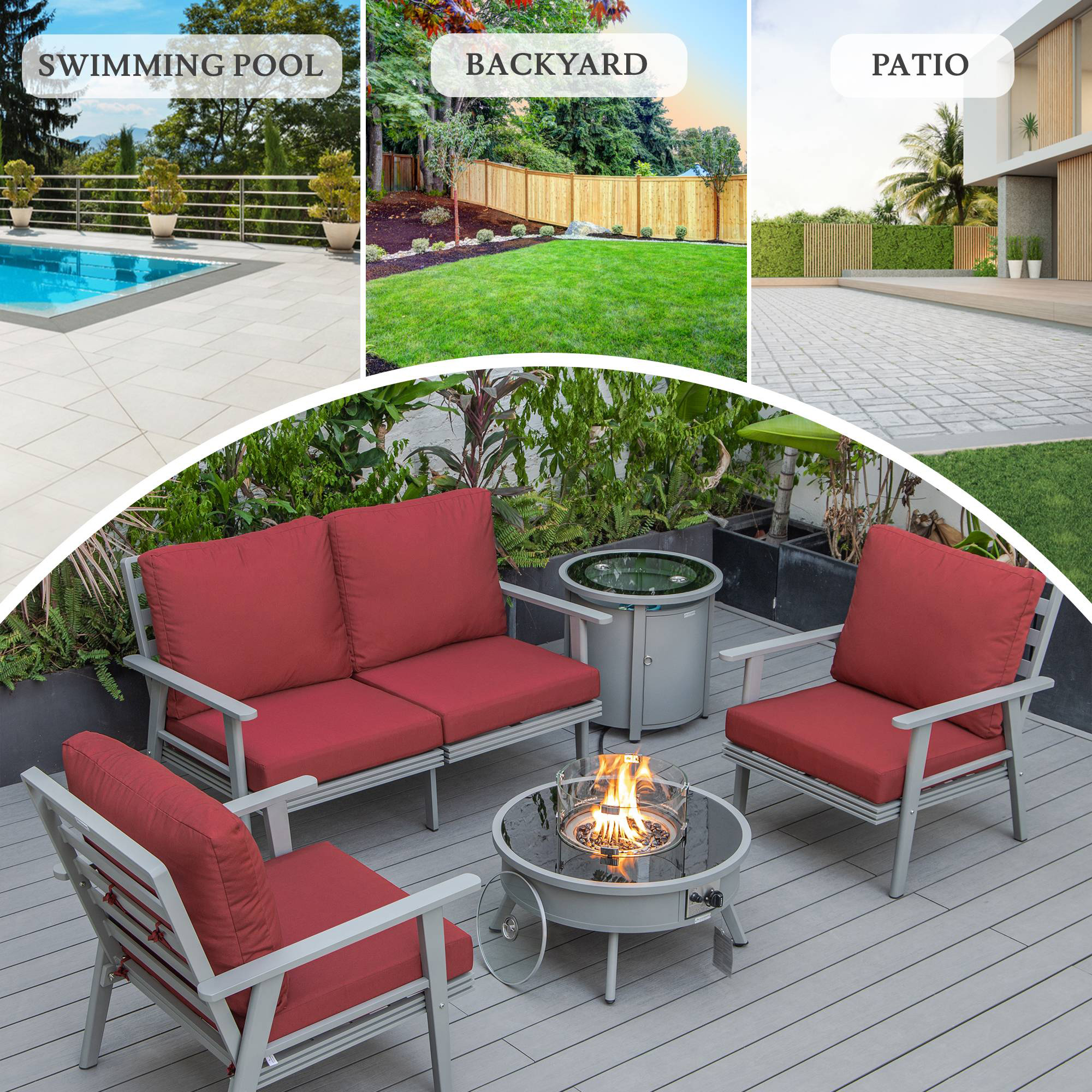 LeisureMod™ Walbrooke Modern Gray Patio Conversation With Round Fire Pit & Tank Holder - Red