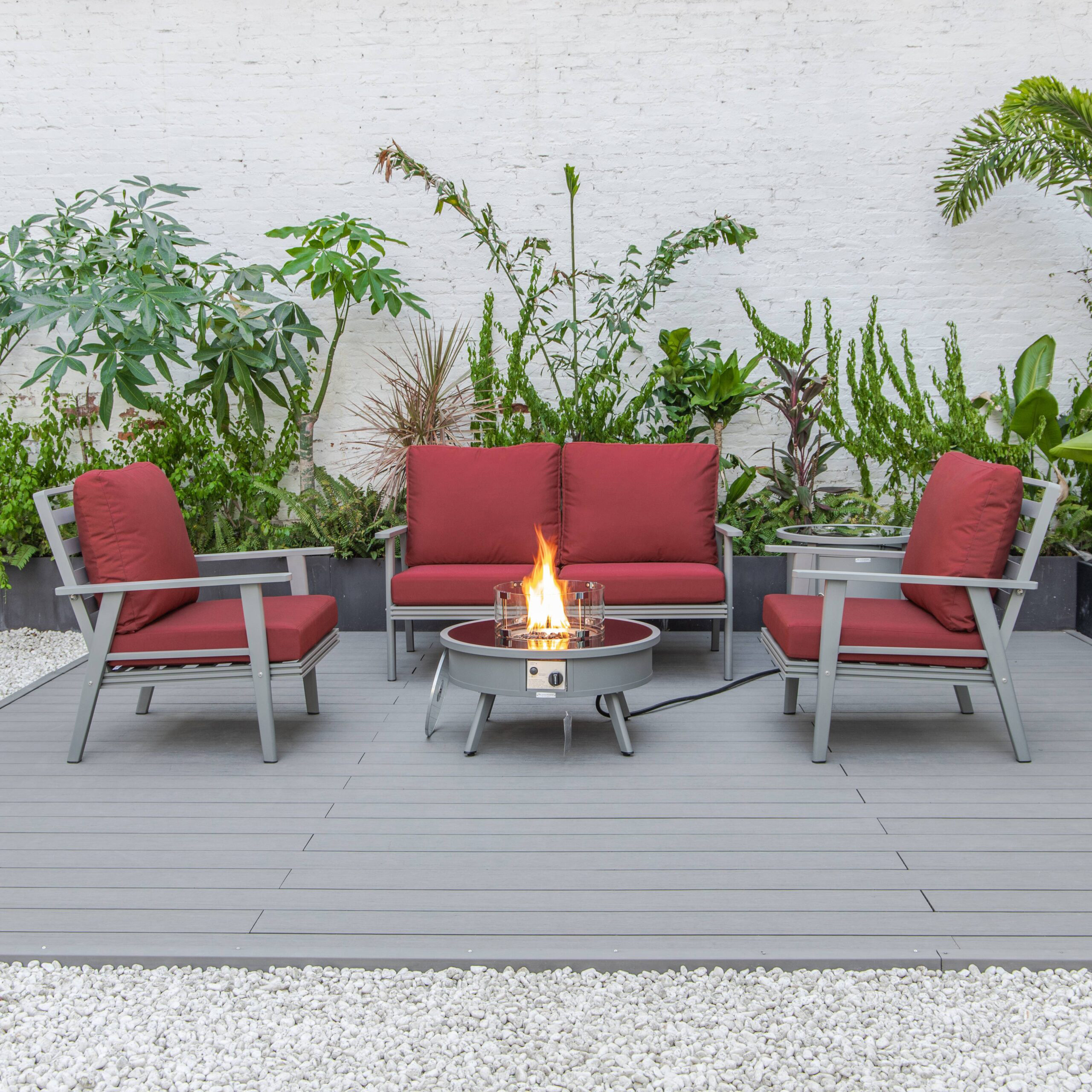 LeisureMod™ Walbrooke Modern Gray Patio Conversation With Round Fire Pit & Tank Holder - Red