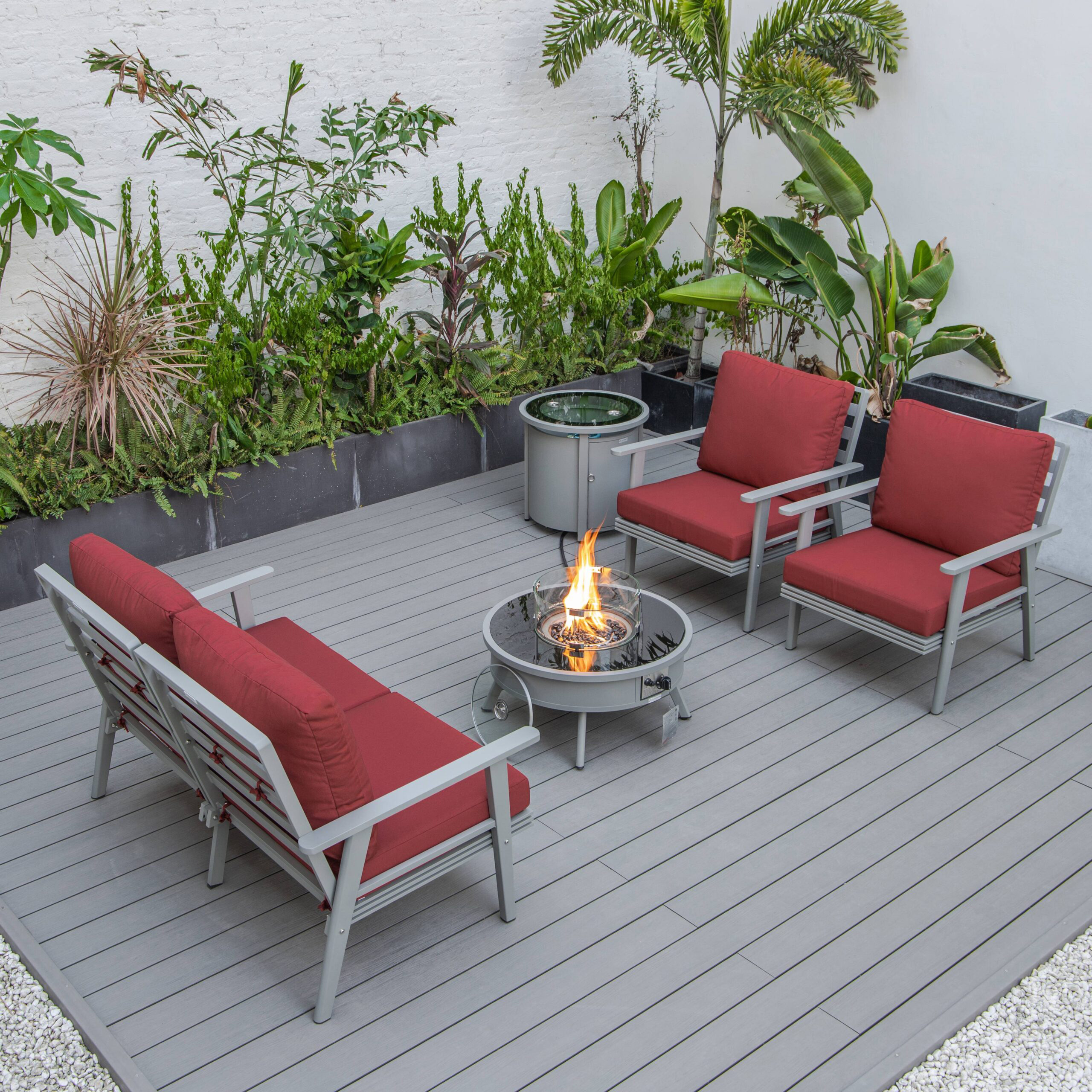 LeisureMod™ Walbrooke Modern Gray Patio Conversation With Round Fire Pit & Tank Holder - Red