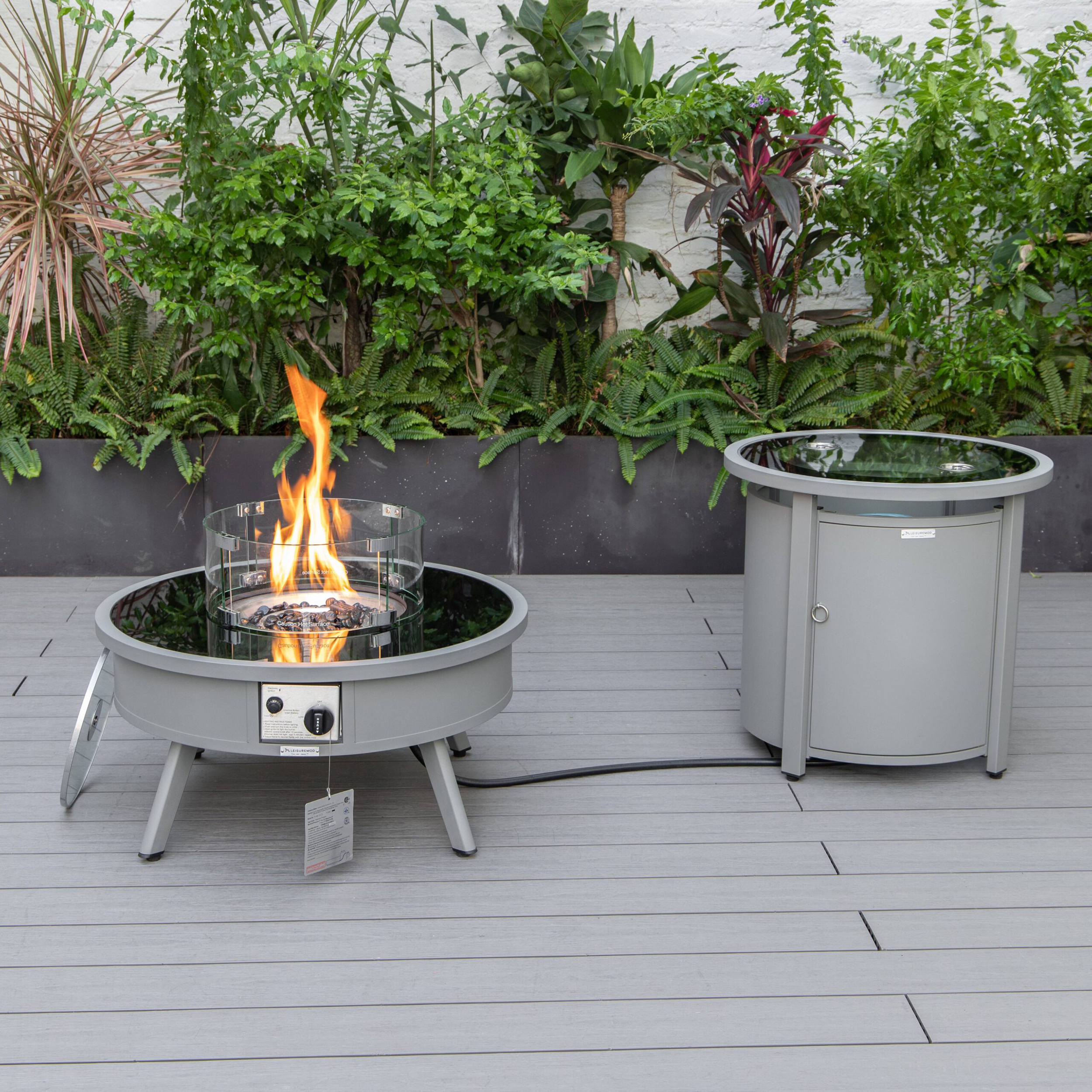 LeisureMod Walbrooke Outdoor Patio Round Fire Pit and Tank Holder