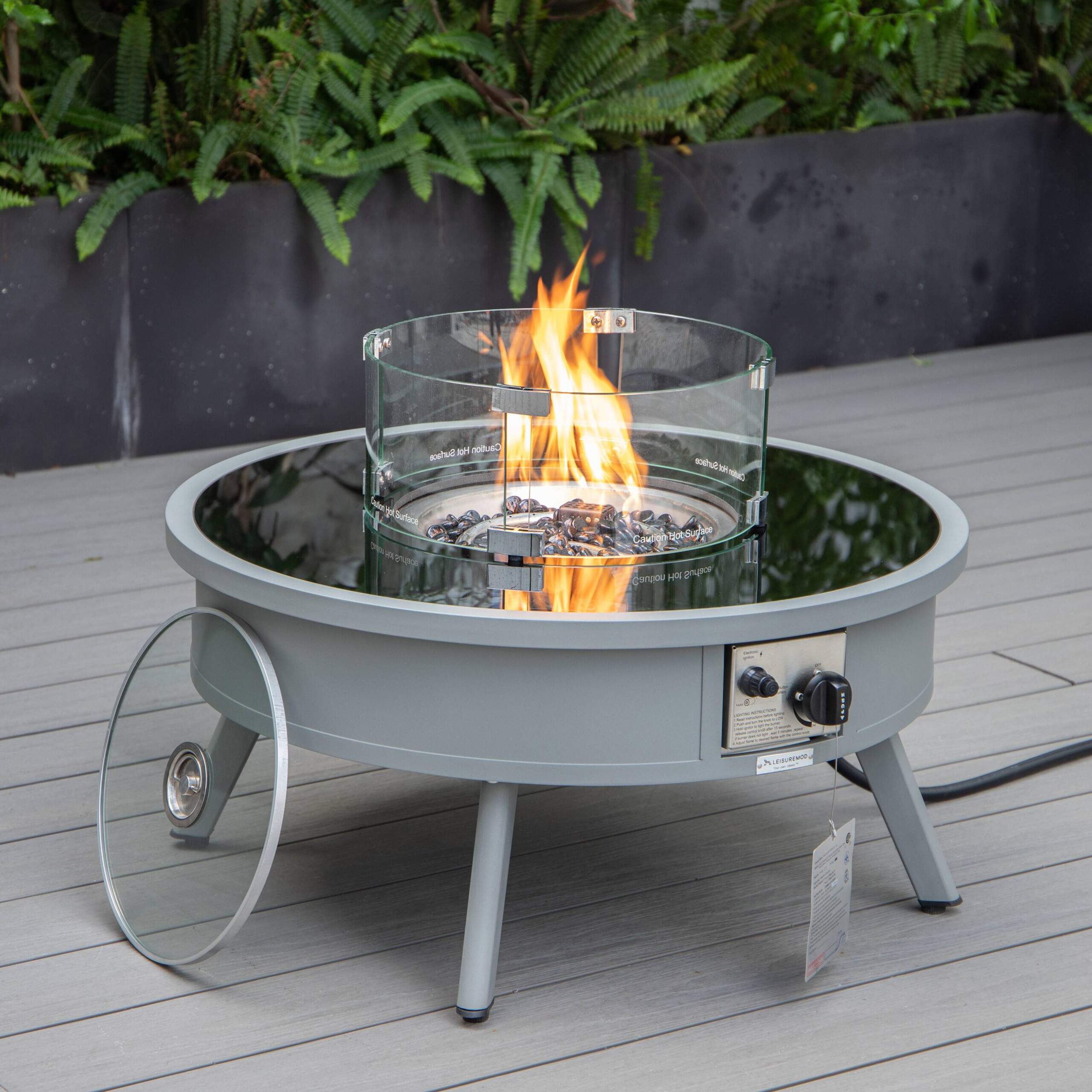 LeisureMod Walbrooke Outdoor Patio Round Fire Pit and Tank Holder - Gray