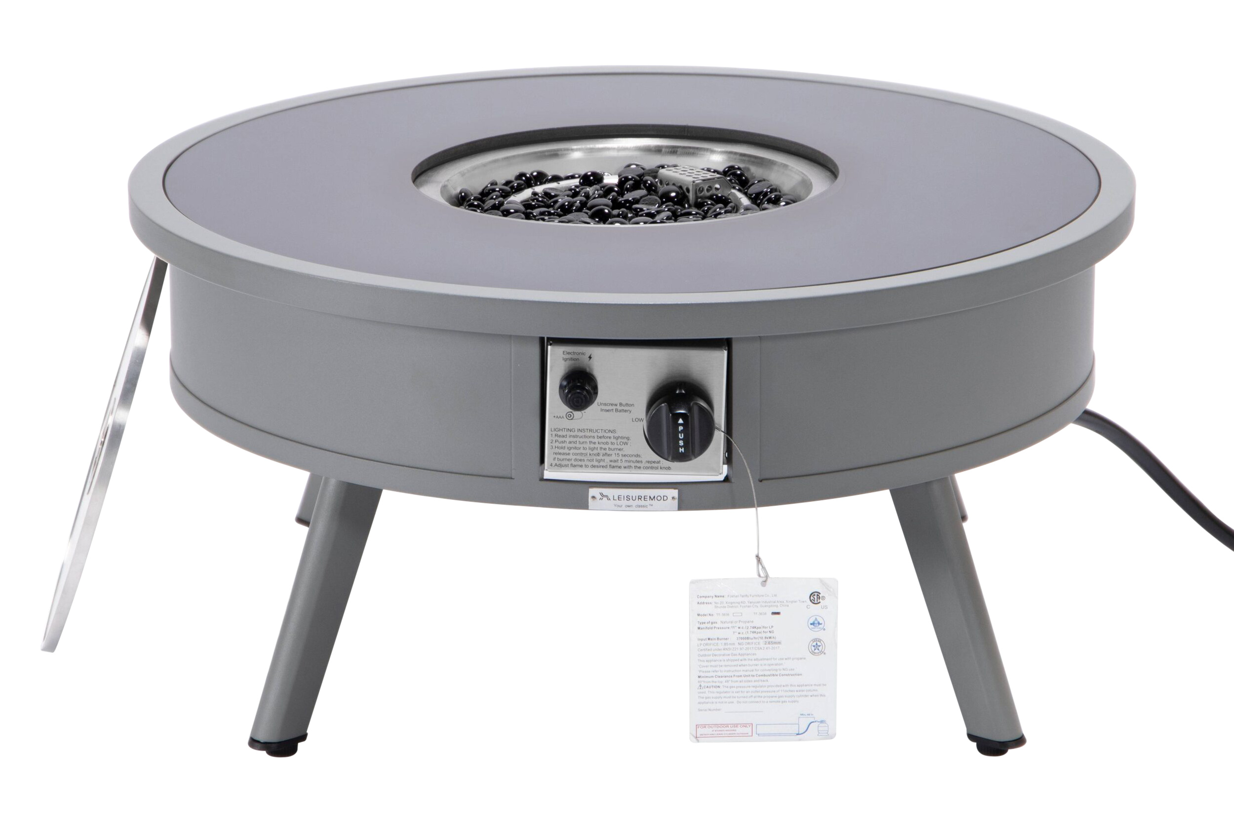 LeisureMod Walbrooke Modern Outdoor Round Fire Pit Table with Powder-Coated Aluminum Frame - Gray