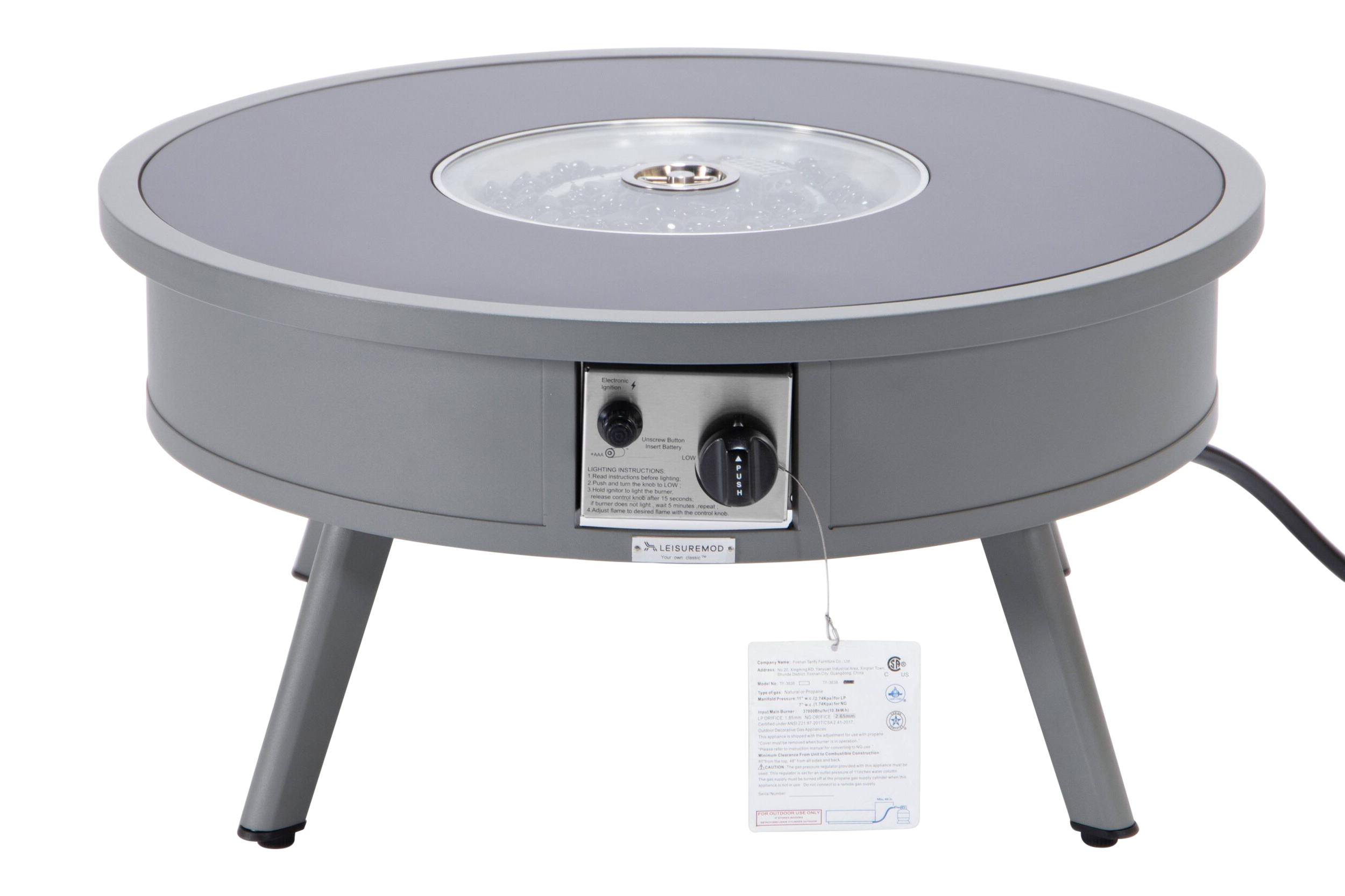 LeisureMod Walbrooke Modern Outdoor Round Fire Pit Table with Powder-Coated Aluminum Frame - Gray