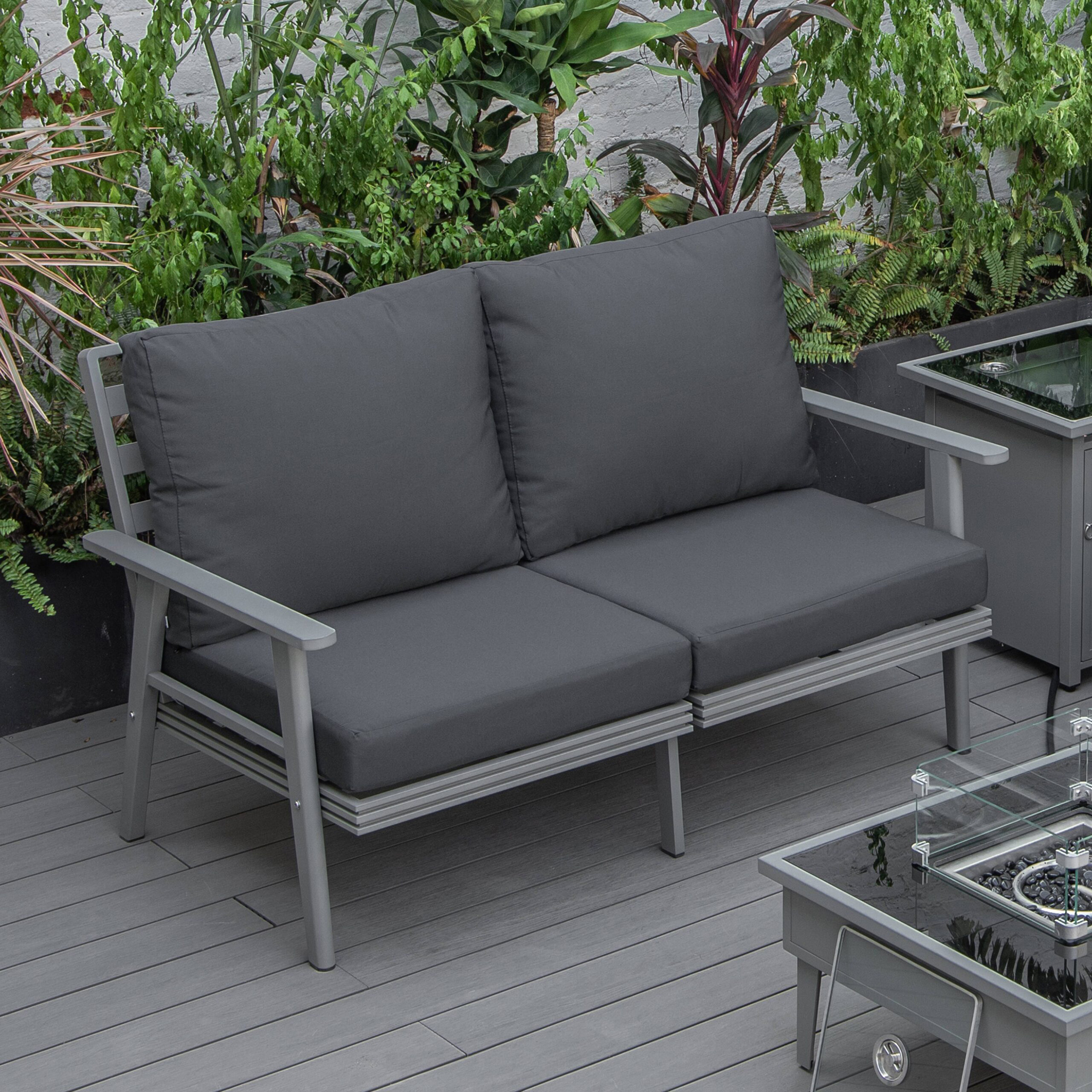 LeisureMod Walbrooke Modern Outdoor Patio Loveseat with Gray Aluminum Frame and Removable Cushions - Charcoal