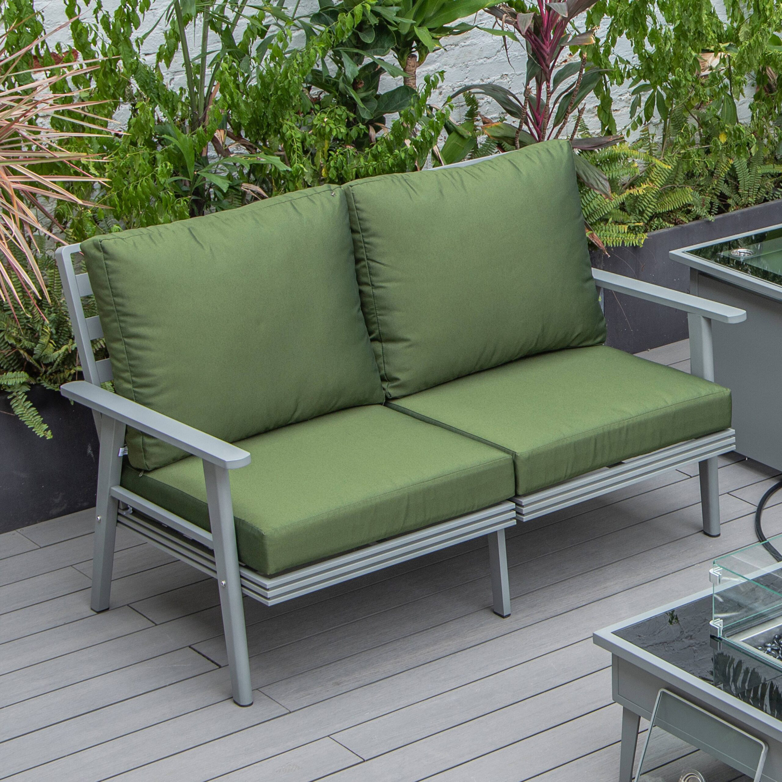 LeisureMod Walbrooke Modern Outdoor Patio Loveseat with Gray Aluminum Frame and Removable Cushions - Green