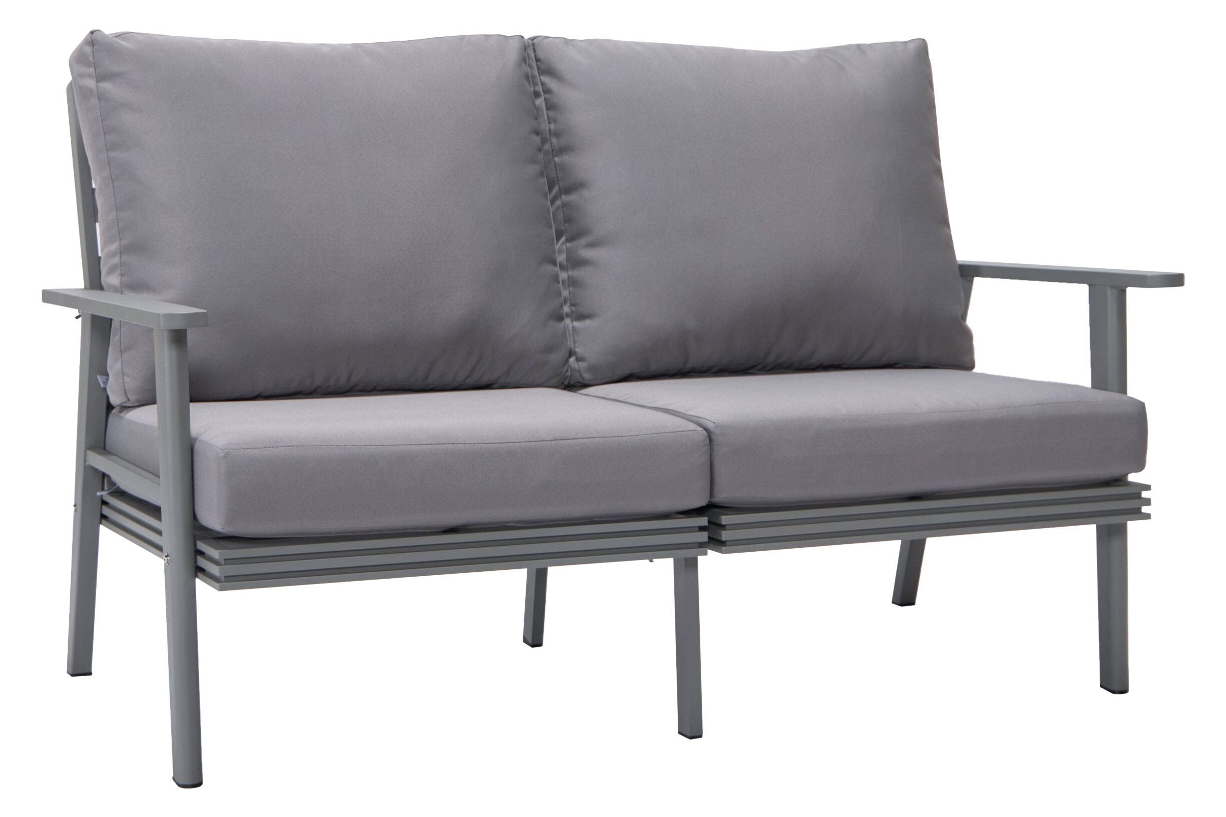 LeisureMod Walbrooke Modern Outdoor Patio Loveseat with Gray Aluminum Frame and Removable Cushions