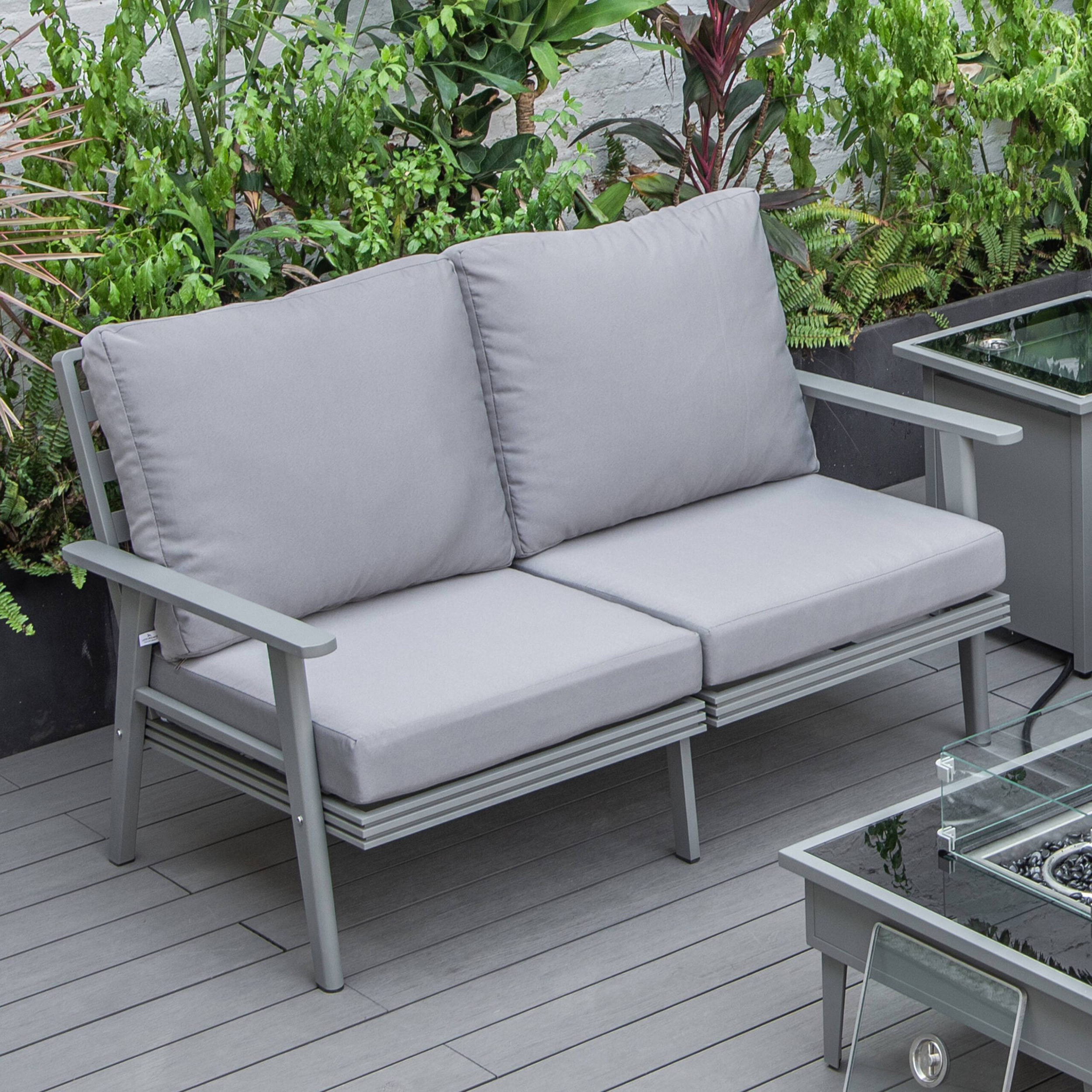 LeisureMod Walbrooke Modern Outdoor Patio Loveseat with Gray Aluminum Frame and Removable Cushions - Gray