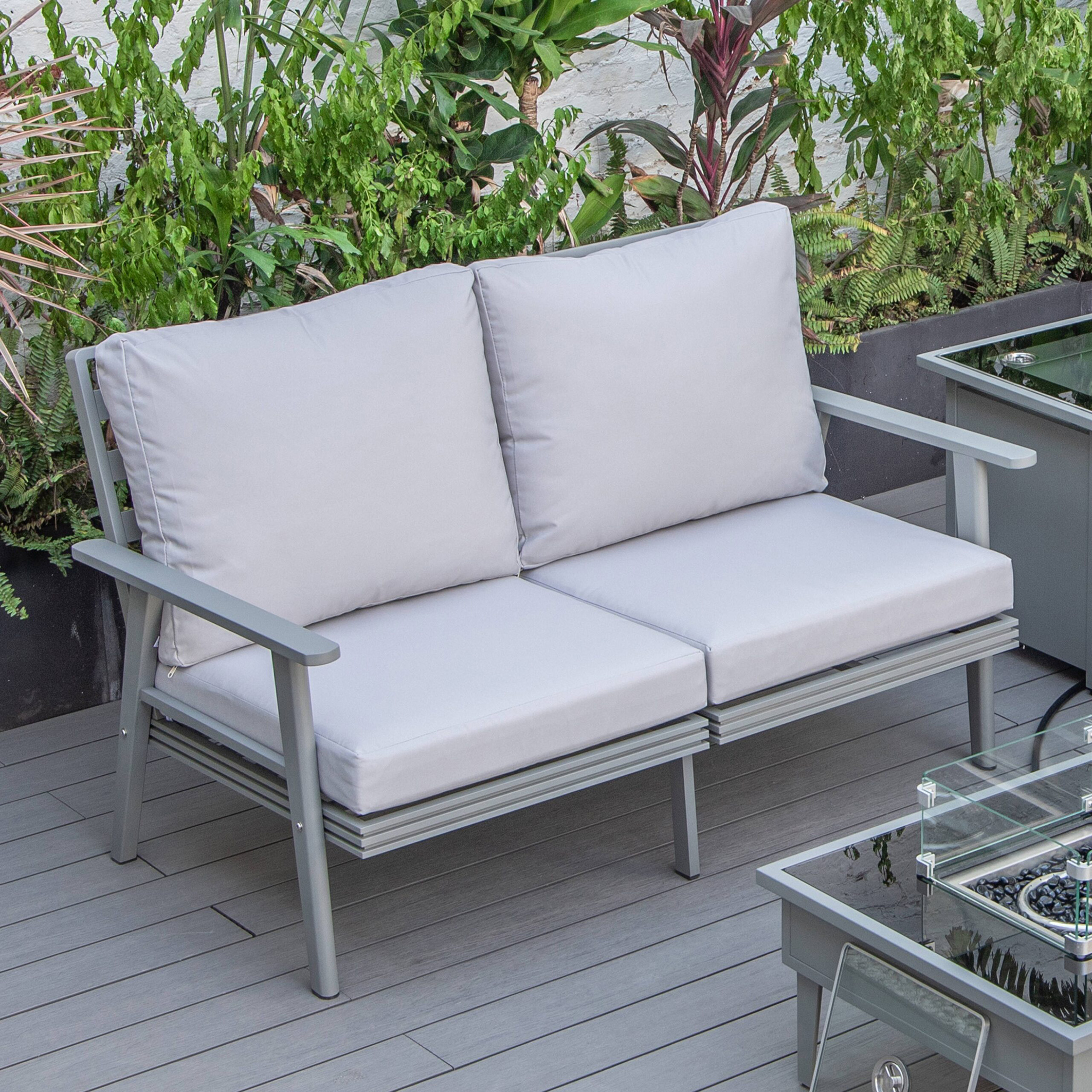 LeisureMod Walbrooke Modern Outdoor Patio Loveseat with Gray Aluminum Frame and Removable Cushions - Light Gray