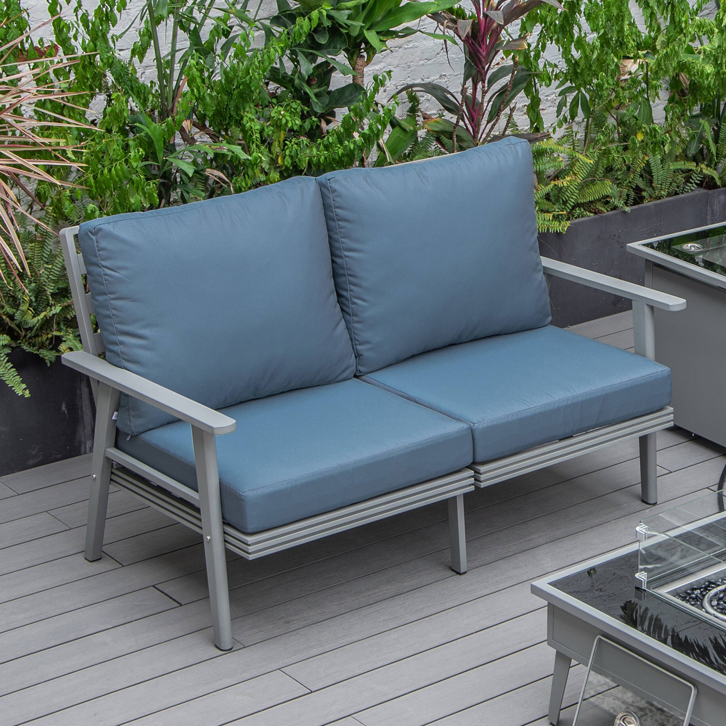 LeisureMod Walbrooke Modern Outdoor Patio Loveseat with Gray Aluminum Frame and Removable Cushions - Navy Blue