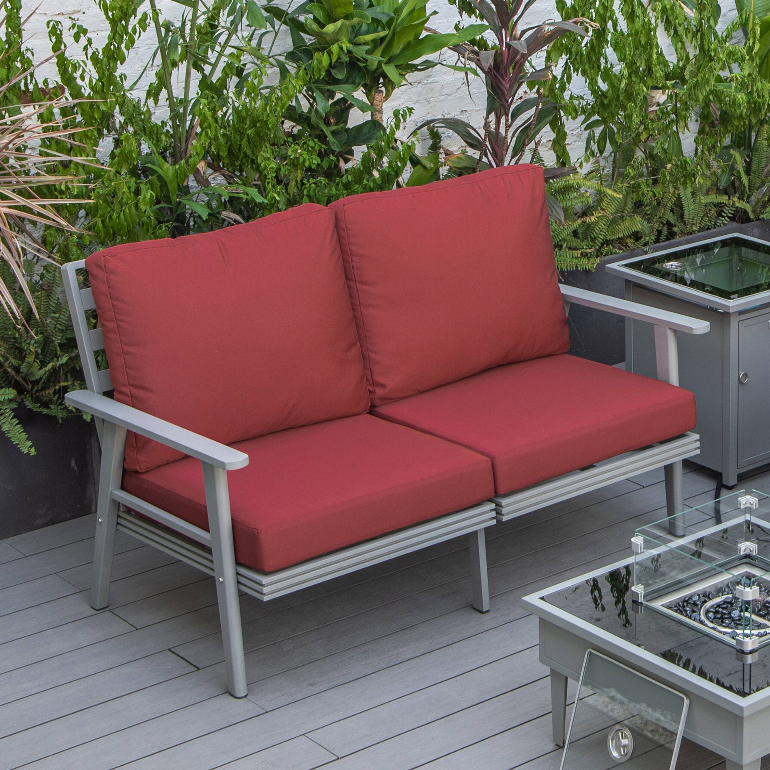 LeisureMod Walbrooke Modern Outdoor Patio Loveseat with Gray Aluminum Frame and Removable Cushions - Red