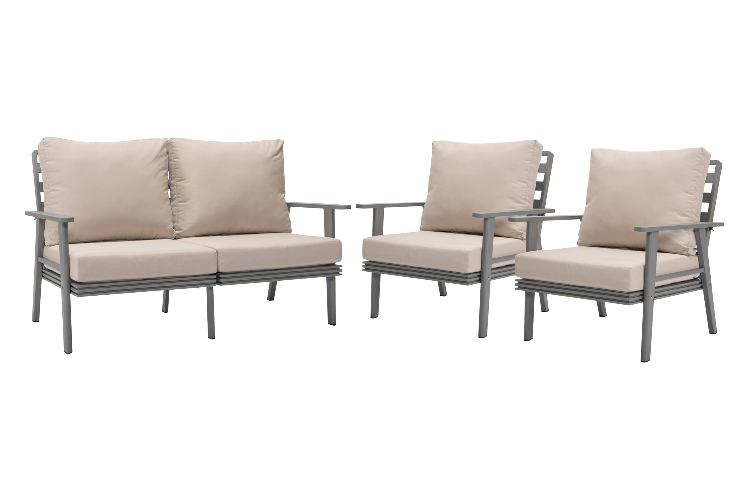 LeisureMod Walbrooke Modern 3-Piece Outdoor Patio Set with Gray Aluminum Frame