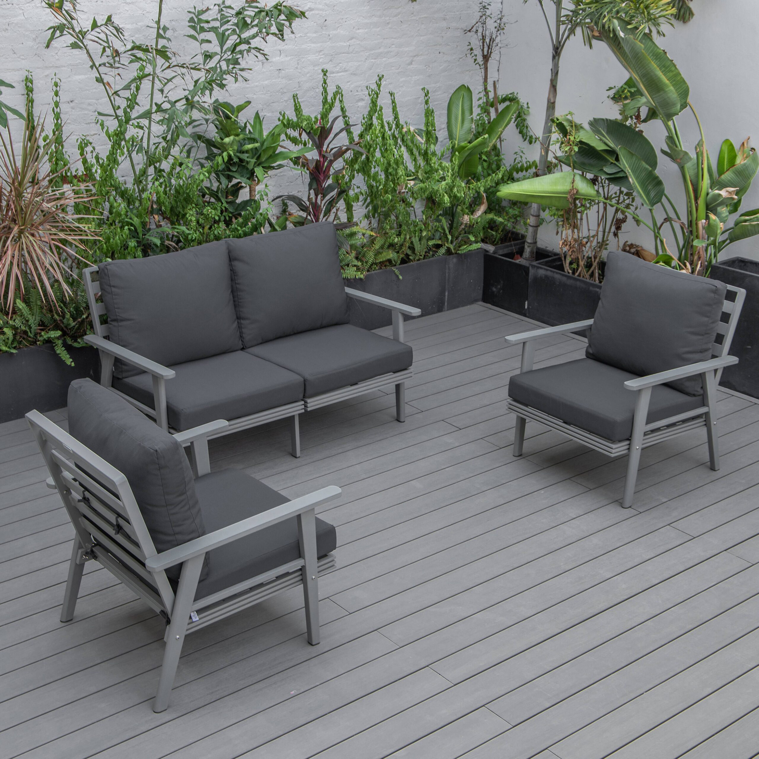 LeisureMod Walbrooke Modern 3-Piece Outdoor Patio Set with Gray Aluminum Frame - Charcoal