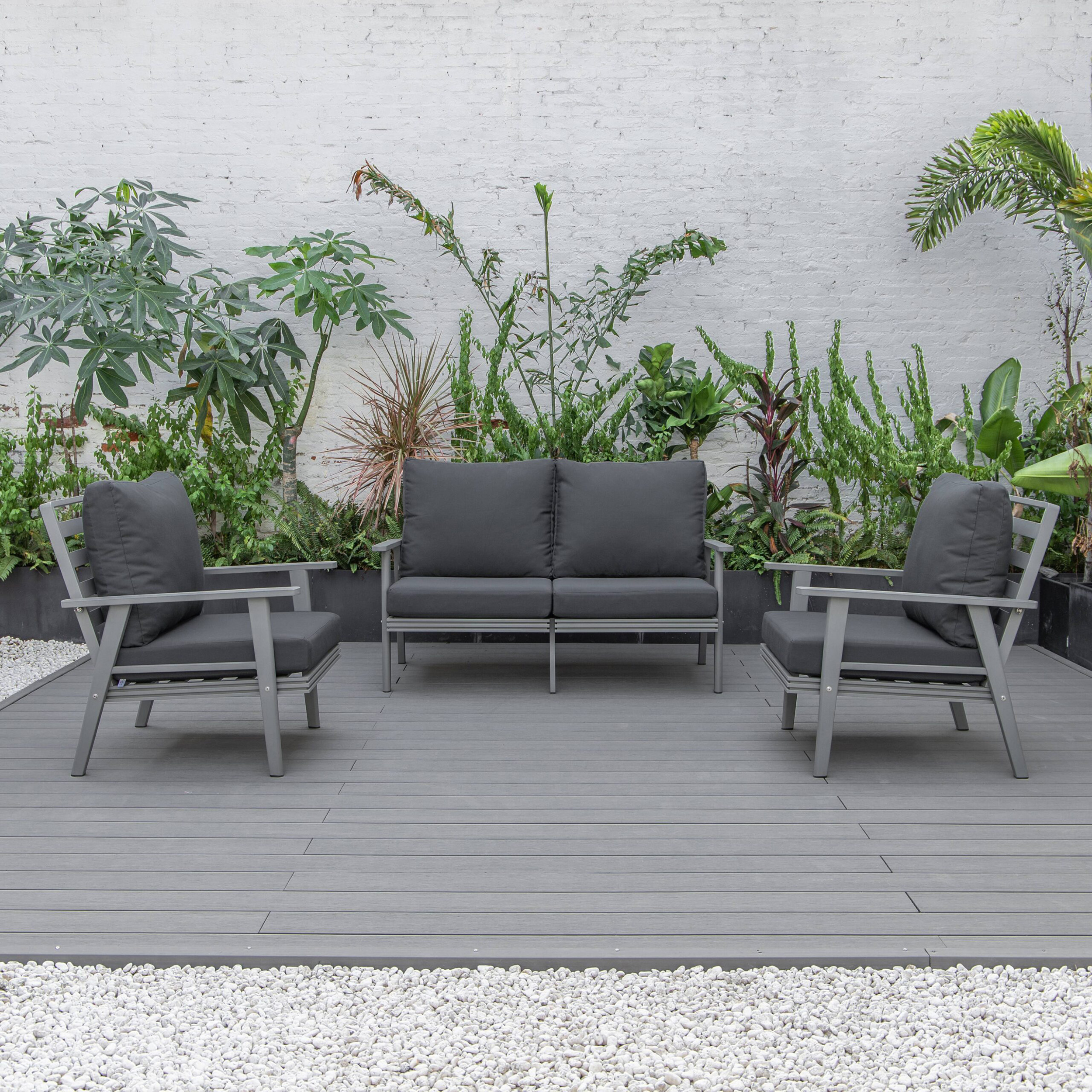 LeisureMod Walbrooke Modern 3-Piece Outdoor Patio Set with Gray Aluminum Frame - Charcoal