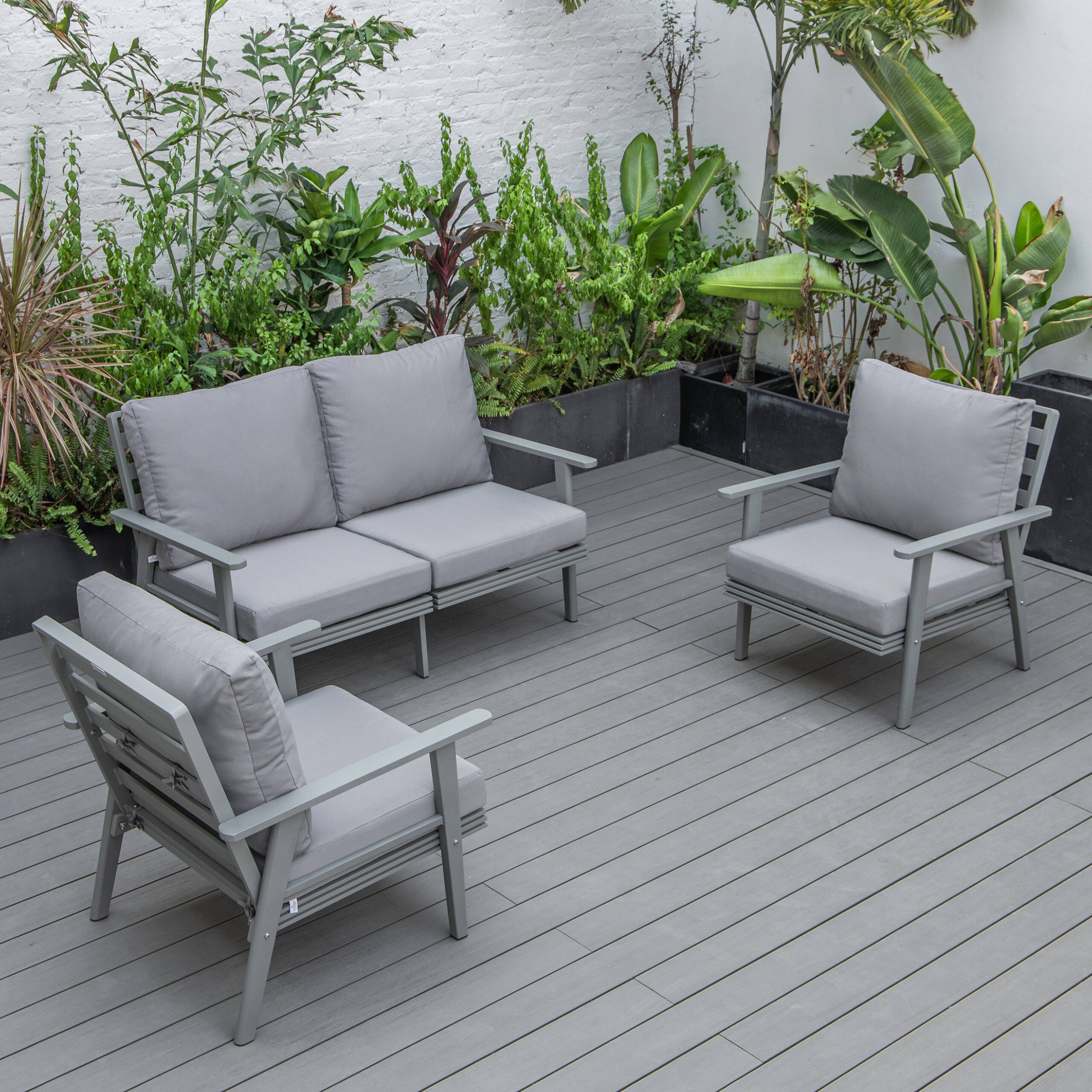 LeisureMod Walbrooke Modern 3-Piece Outdoor Patio Set with Gray Aluminum Frame - Gray