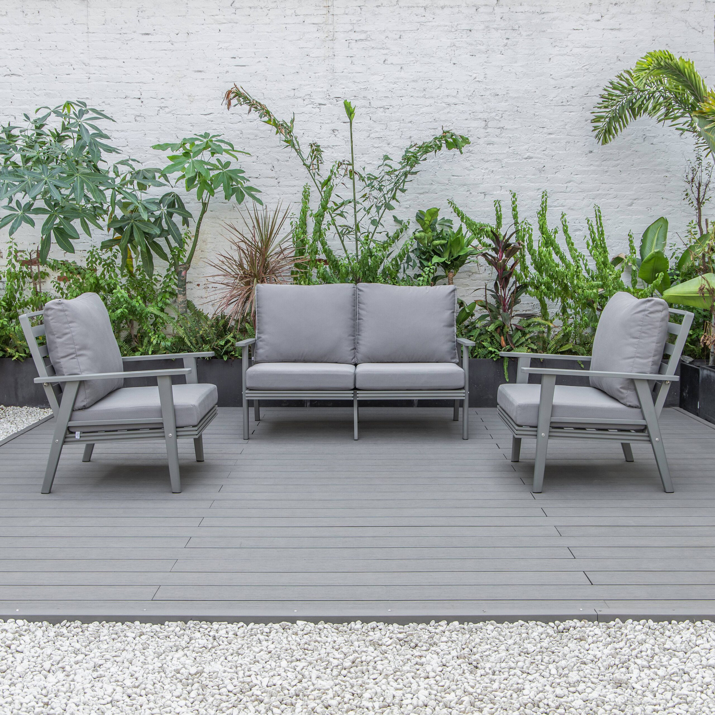 LeisureMod Walbrooke Modern 3-Piece Outdoor Patio Set with Gray Aluminum Frame - Gray