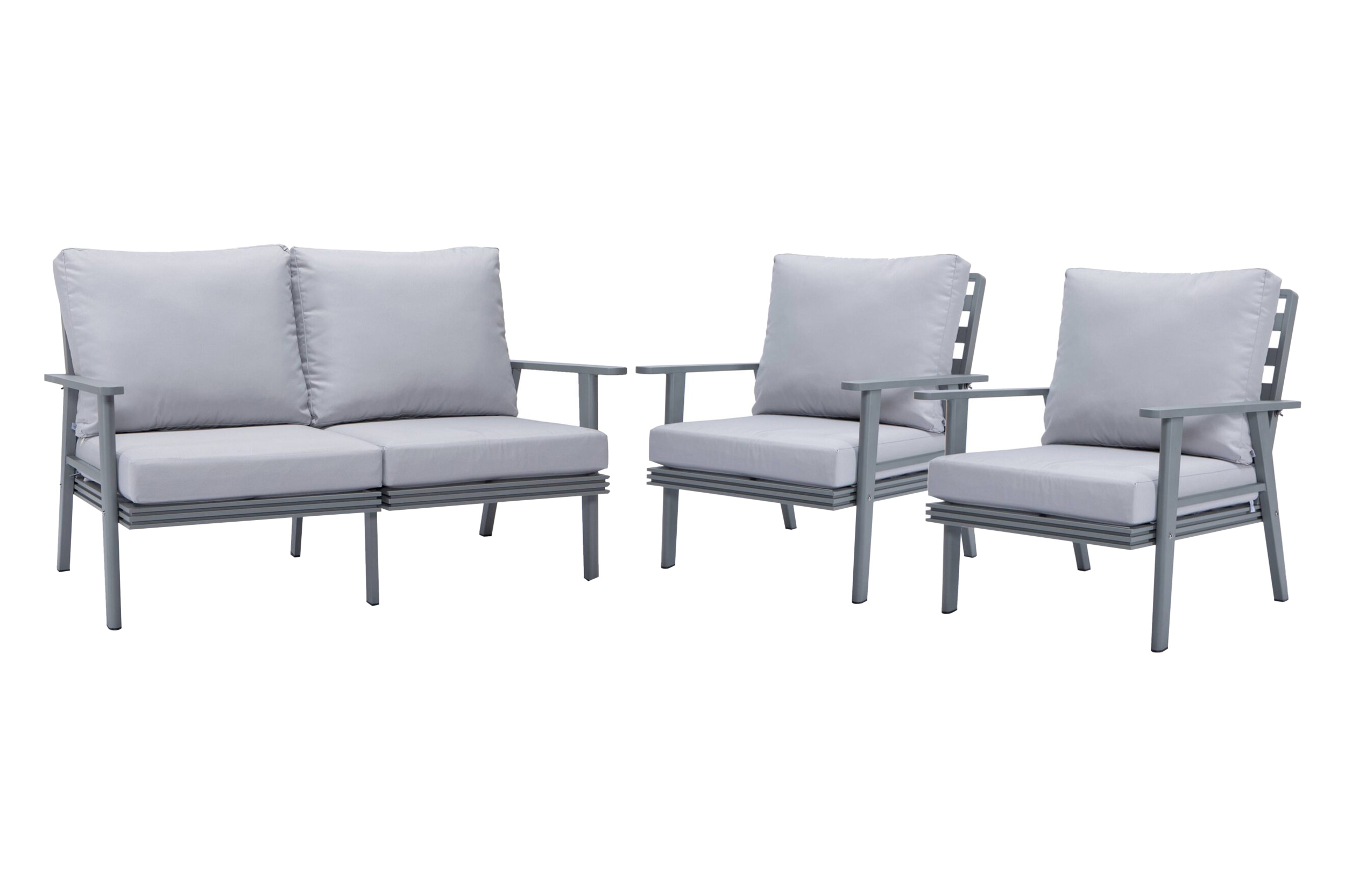 LeisureMod Walbrooke Modern 3-Piece Outdoor Patio Set with Gray Aluminum Frame