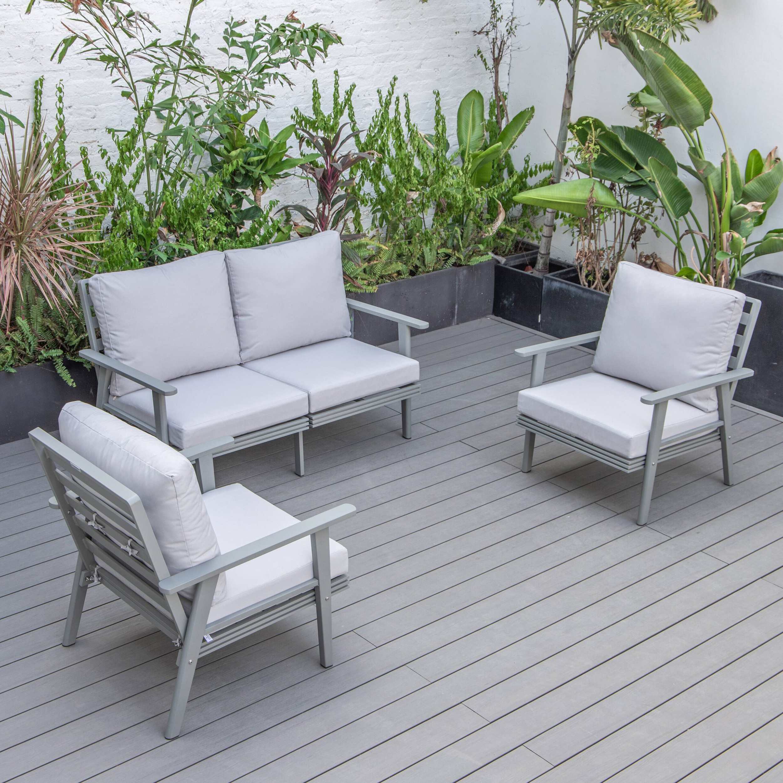 LeisureMod Walbrooke Modern 3-Piece Outdoor Patio Set with Gray Aluminum Frame - Light Gray