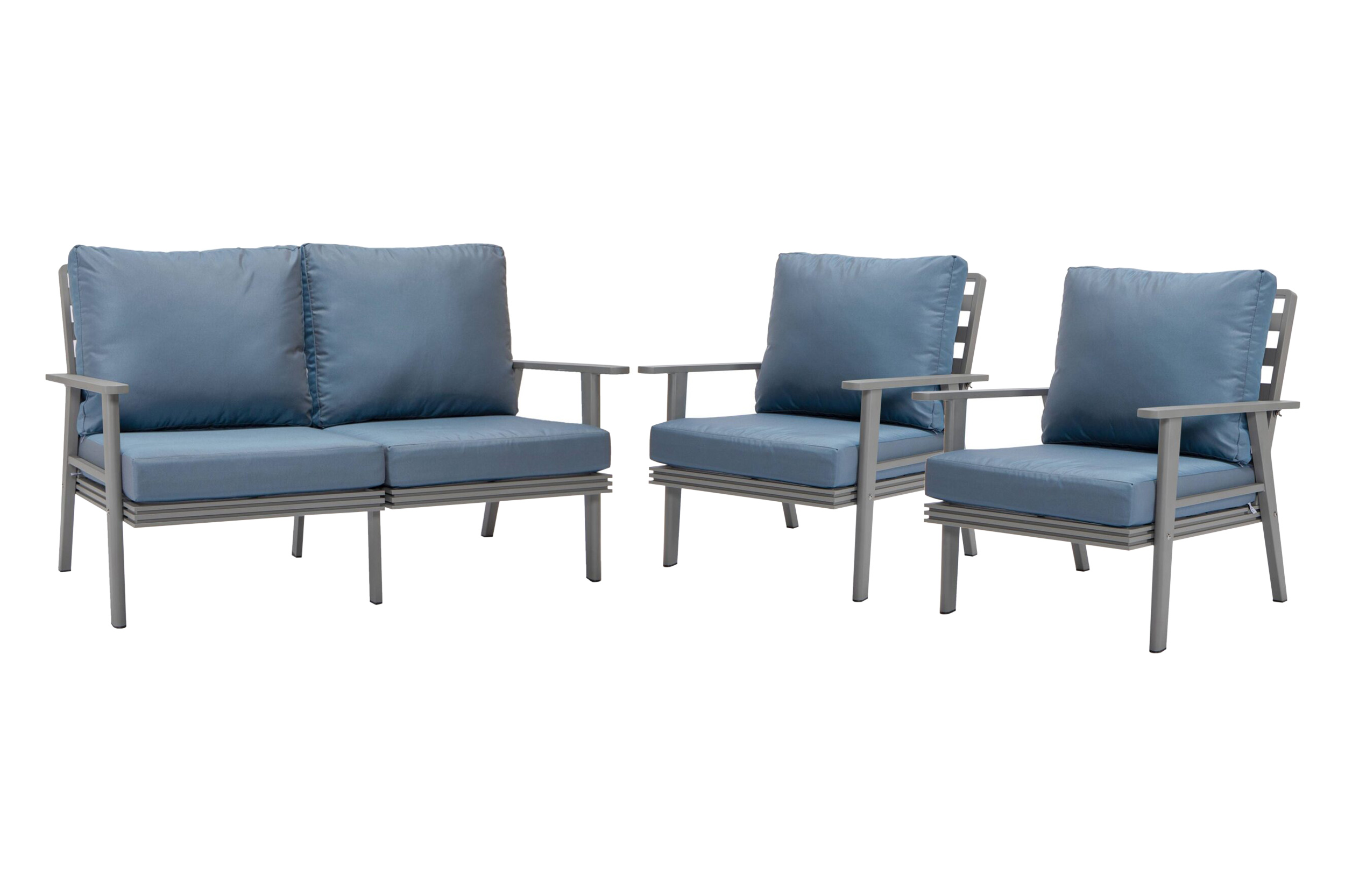 LeisureMod Walbrooke Modern 3-Piece Outdoor Patio Set with Gray Aluminum Frame