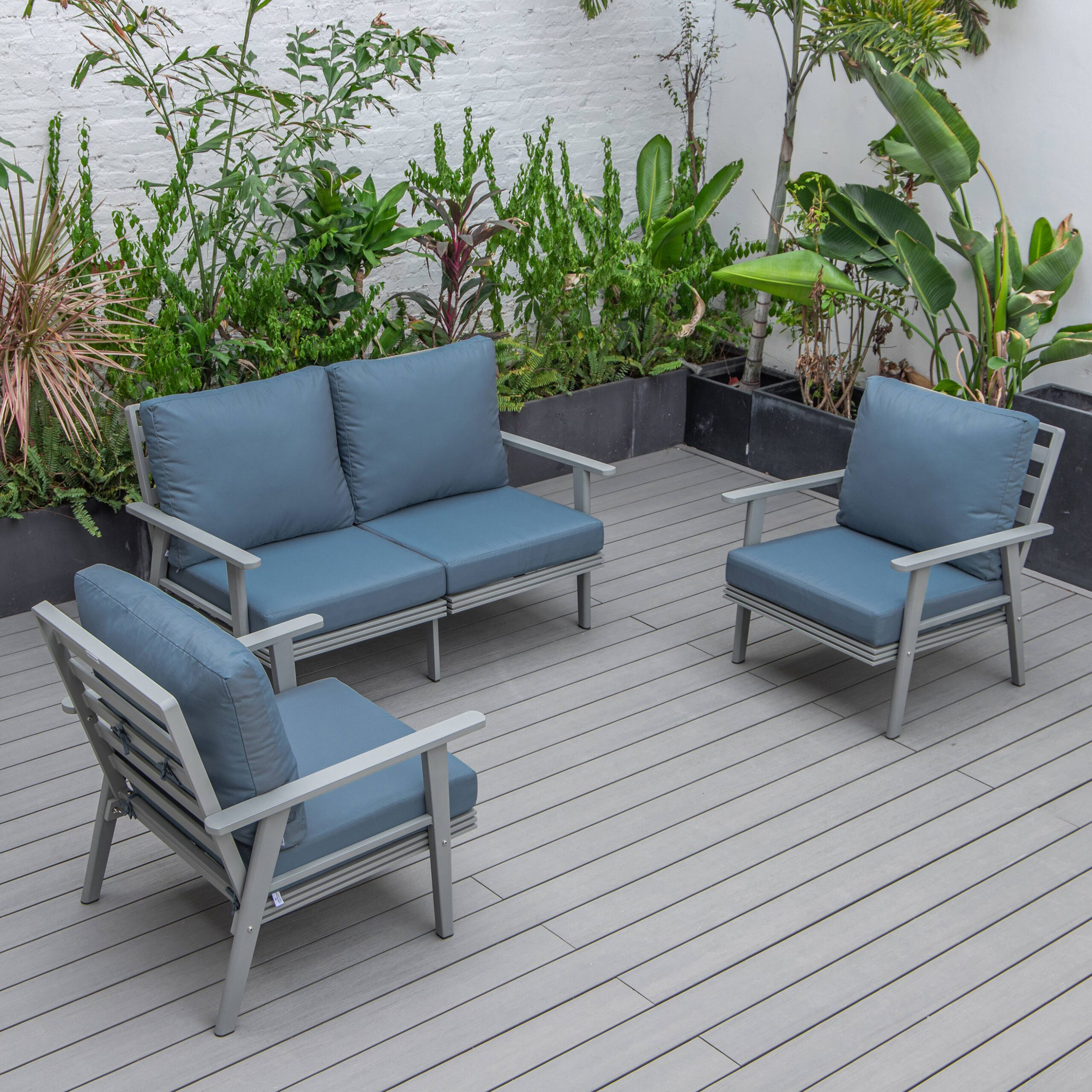 LeisureMod Walbrooke Modern 3-Piece Outdoor Patio Set with Gray Aluminum Frame - Navy Blue