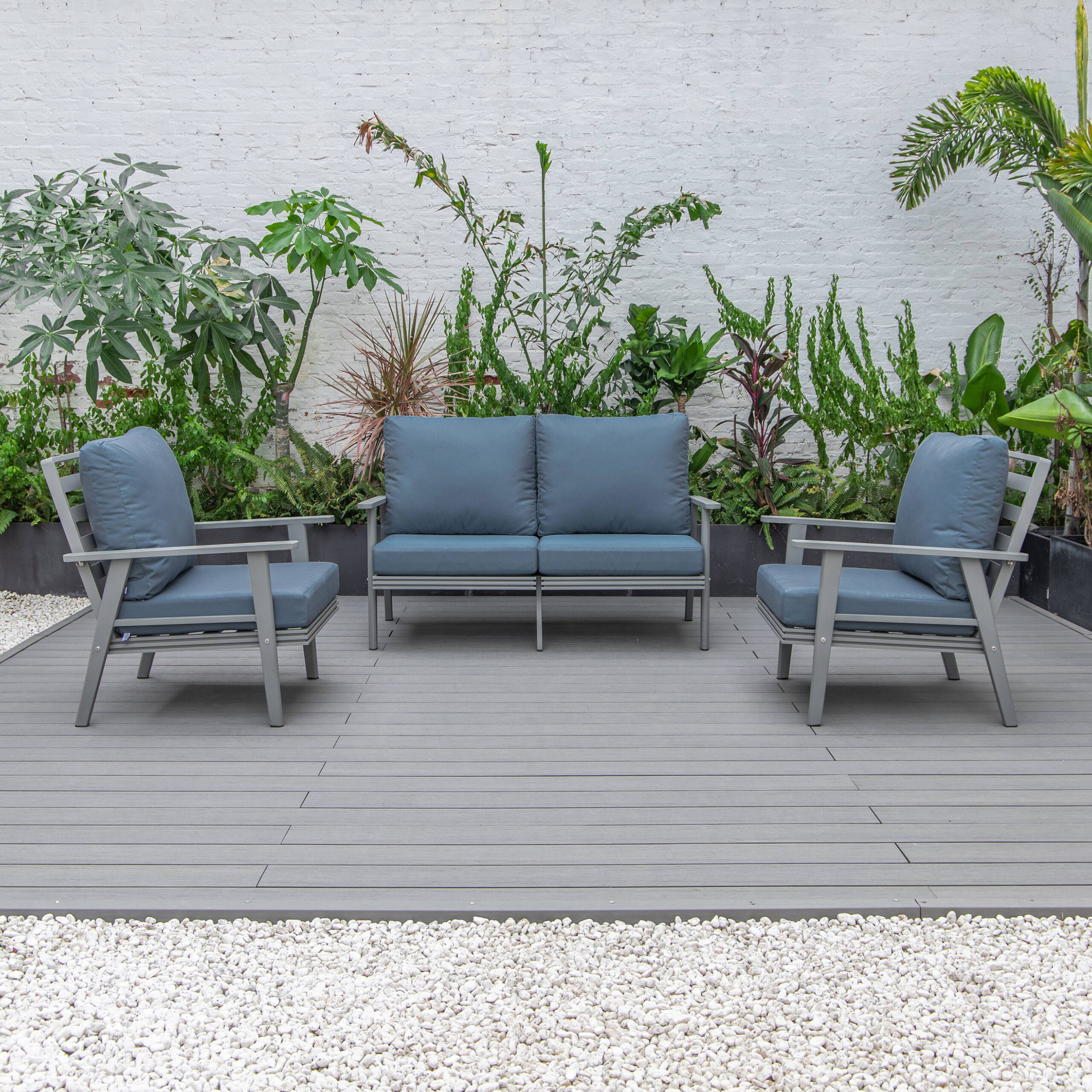 LeisureMod Walbrooke Modern 3-Piece Outdoor Patio Set with Gray Aluminum Frame - Navy Blue