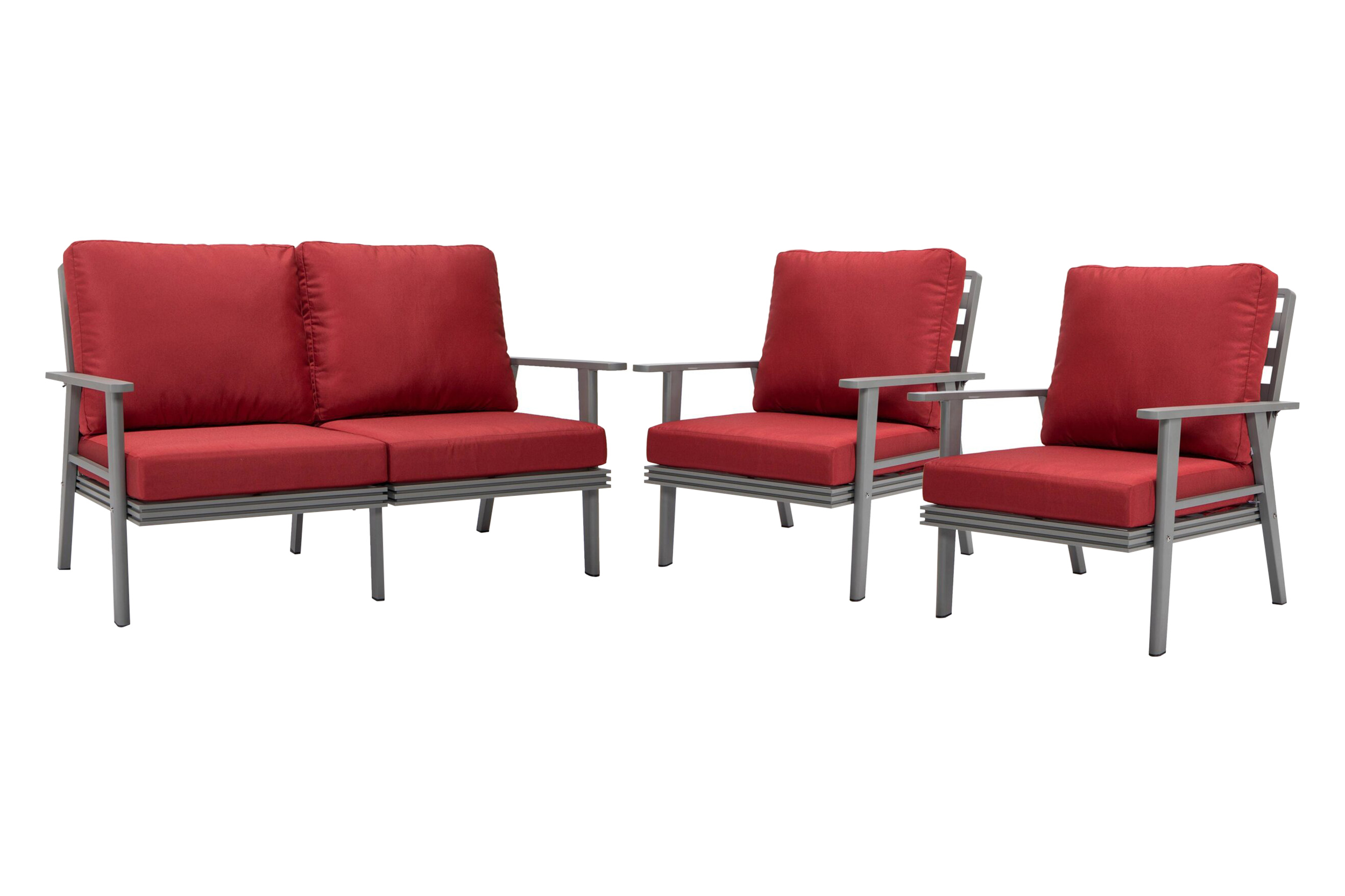 LeisureMod Walbrooke Modern 3-Piece Outdoor Patio Set with Gray Aluminum Frame