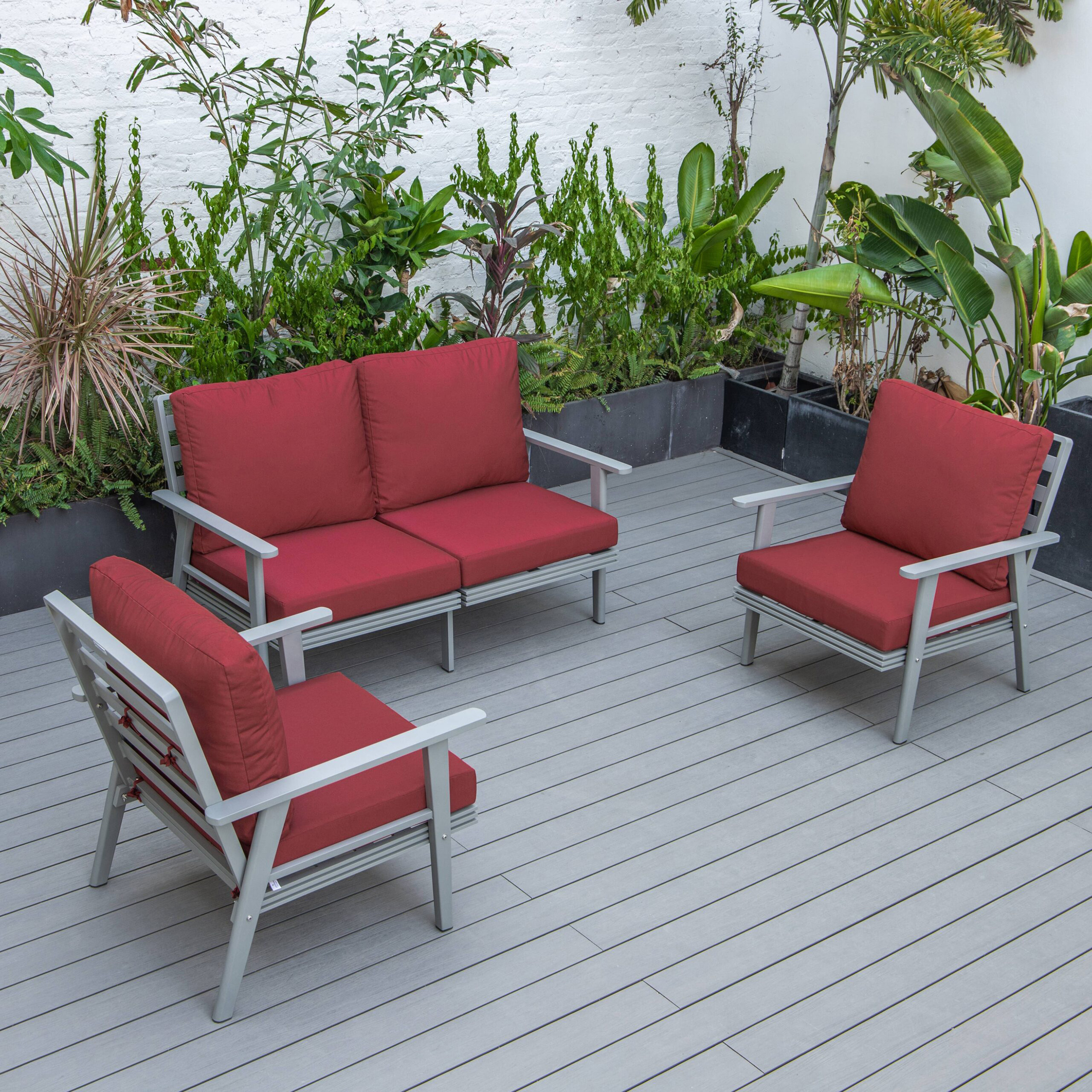 LeisureMod Walbrooke Modern 3-Piece Outdoor Patio Set with Gray Aluminum Frame - Red