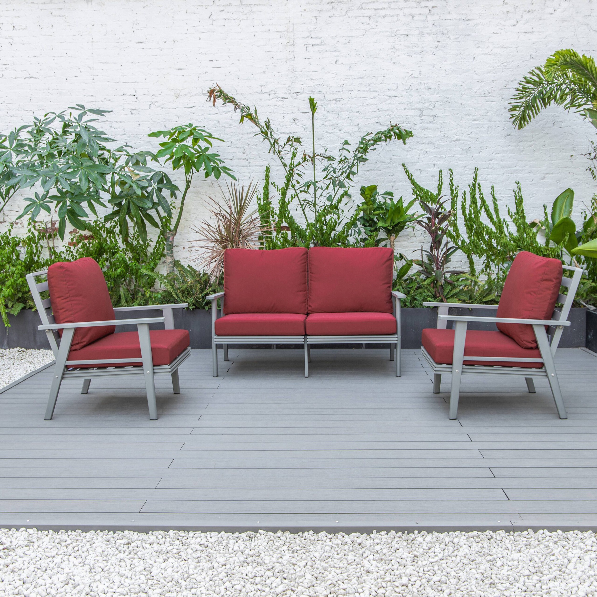 LeisureMod Walbrooke Modern 3-Piece Outdoor Patio Set with Gray Aluminum Frame - Red