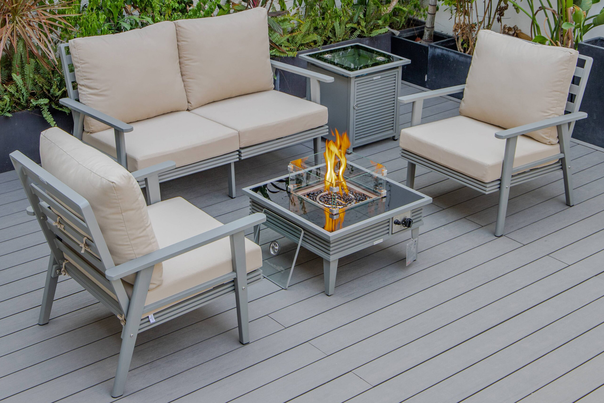 LeisureMod Walbrooke Modern Black Patio Conversation With Square Fire Pit With Slats Design & Tank Holder