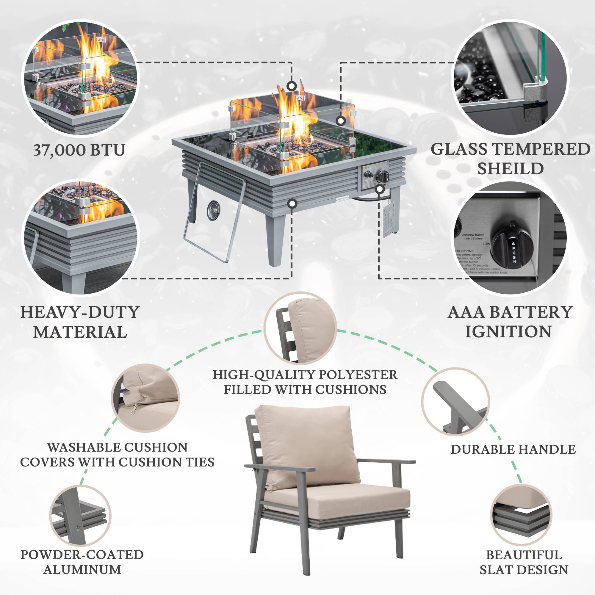 LeisureMod Walbrooke Modern Gray Patio Conversation With Square Fire Pit With Slats Design & Tank Holder - Beige