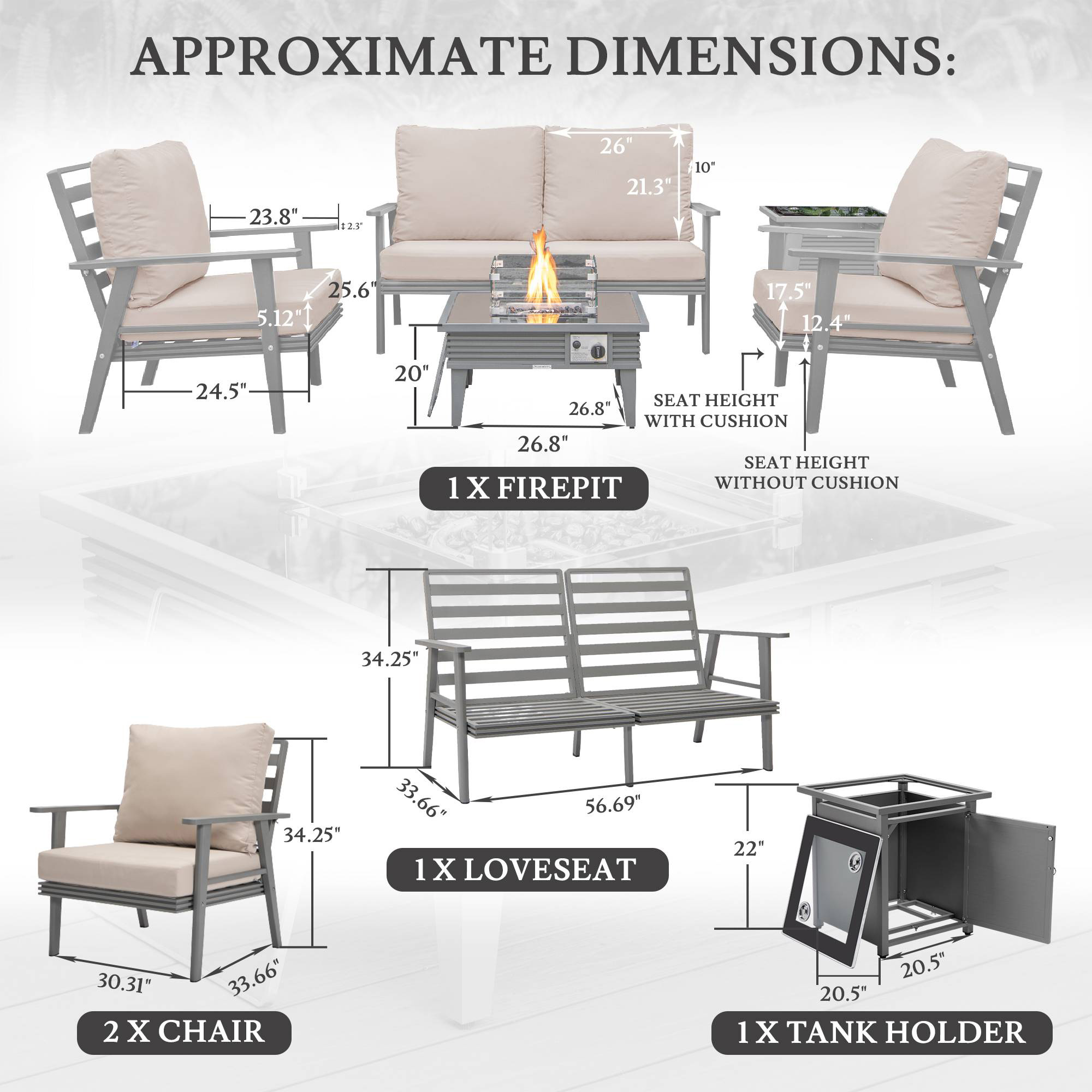 LeisureMod Walbrooke Modern Gray Patio Conversation With Square Fire Pit With Slats Design & Tank Holder - Beige