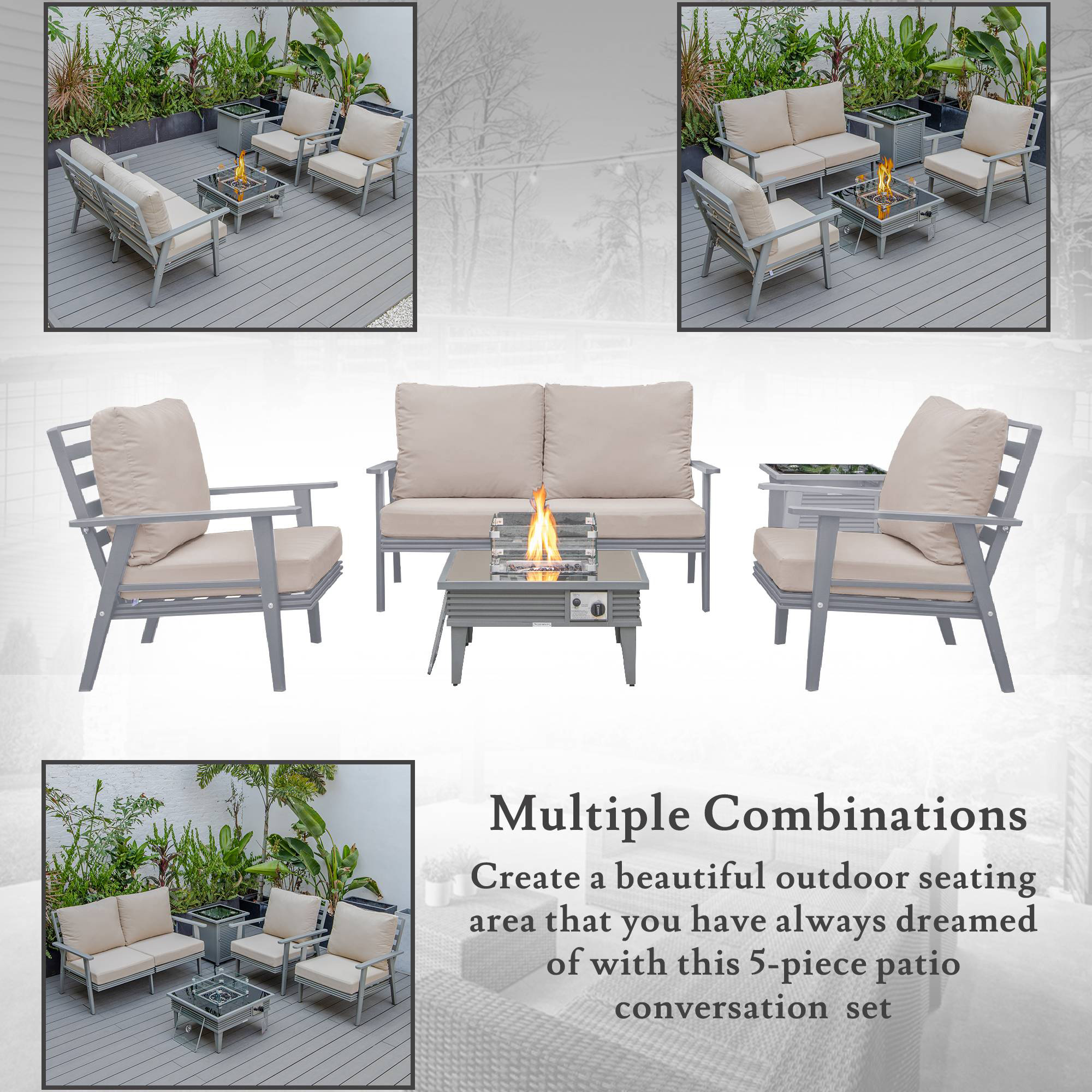 LeisureMod Walbrooke Modern Gray Patio Conversation With Square Fire Pit With Slats Design & Tank Holder - Beige