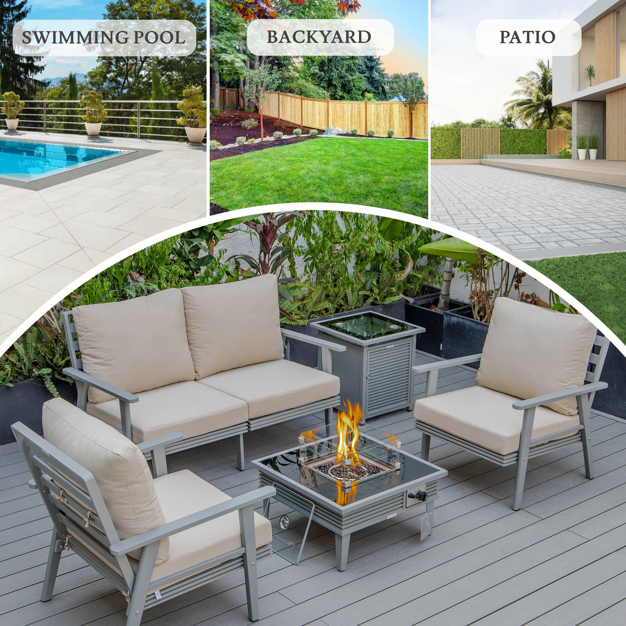 LeisureMod Walbrooke Modern Gray Patio Conversation With Square Fire Pit With Slats Design & Tank Holder - Beige