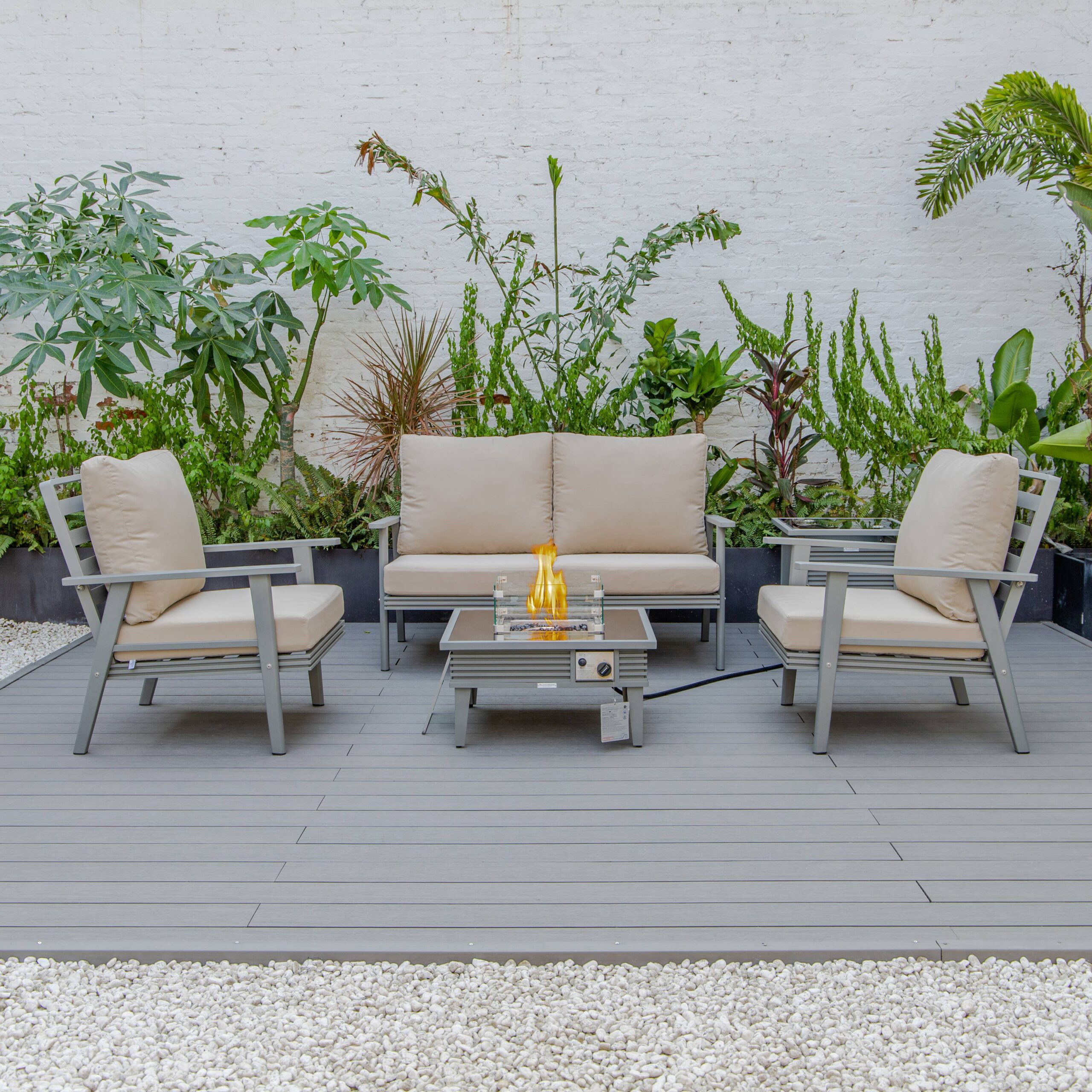 LeisureMod Walbrooke Modern Gray Patio Conversation With Square Fire Pit With Slats Design & Tank Holder - Beige