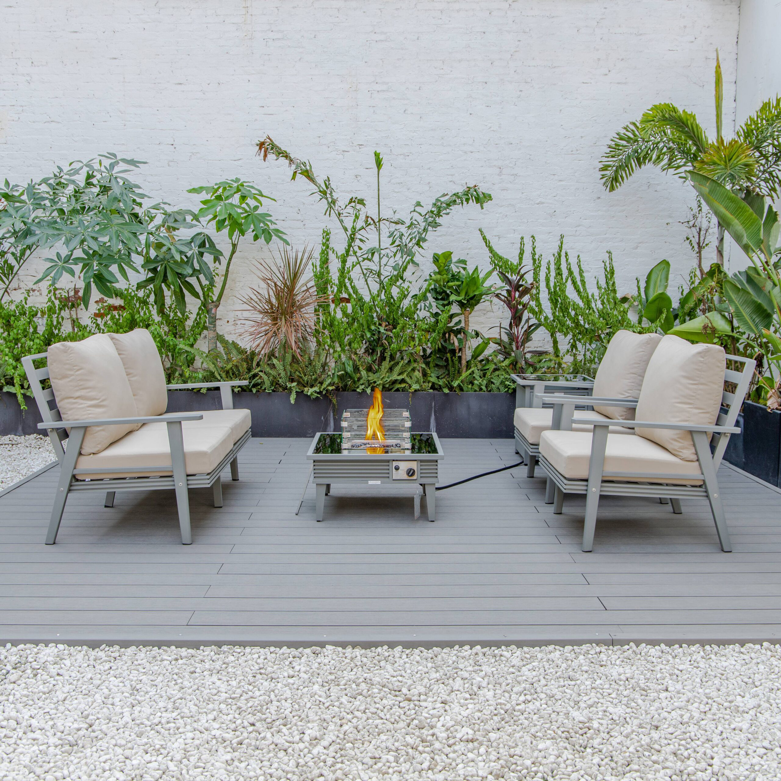 LeisureMod Walbrooke Modern Gray Patio Conversation With Square Fire Pit With Slats Design & Tank Holder - Beige