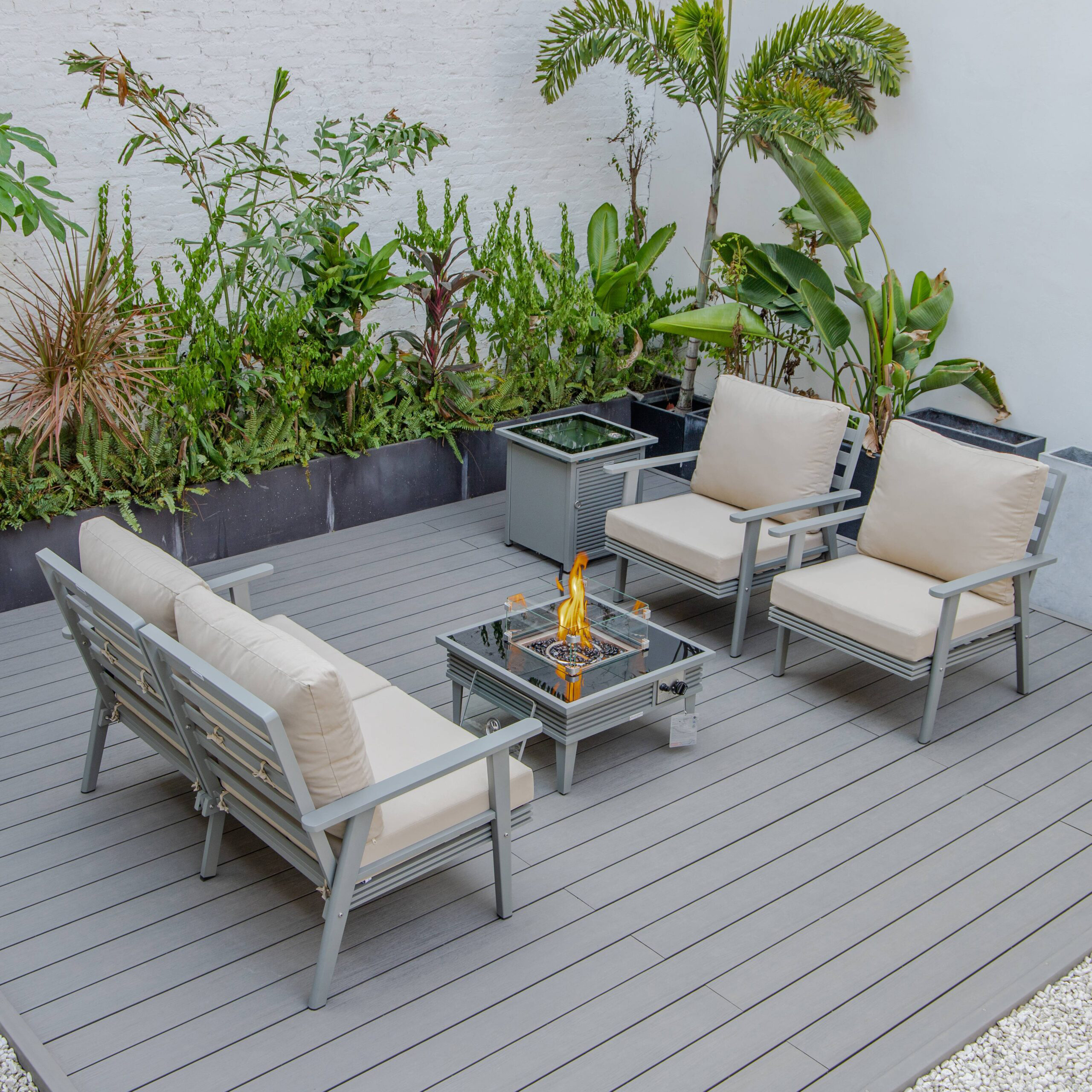 LeisureMod Walbrooke Modern Gray Patio Conversation With Square Fire Pit With Slats Design & Tank Holder - Beige