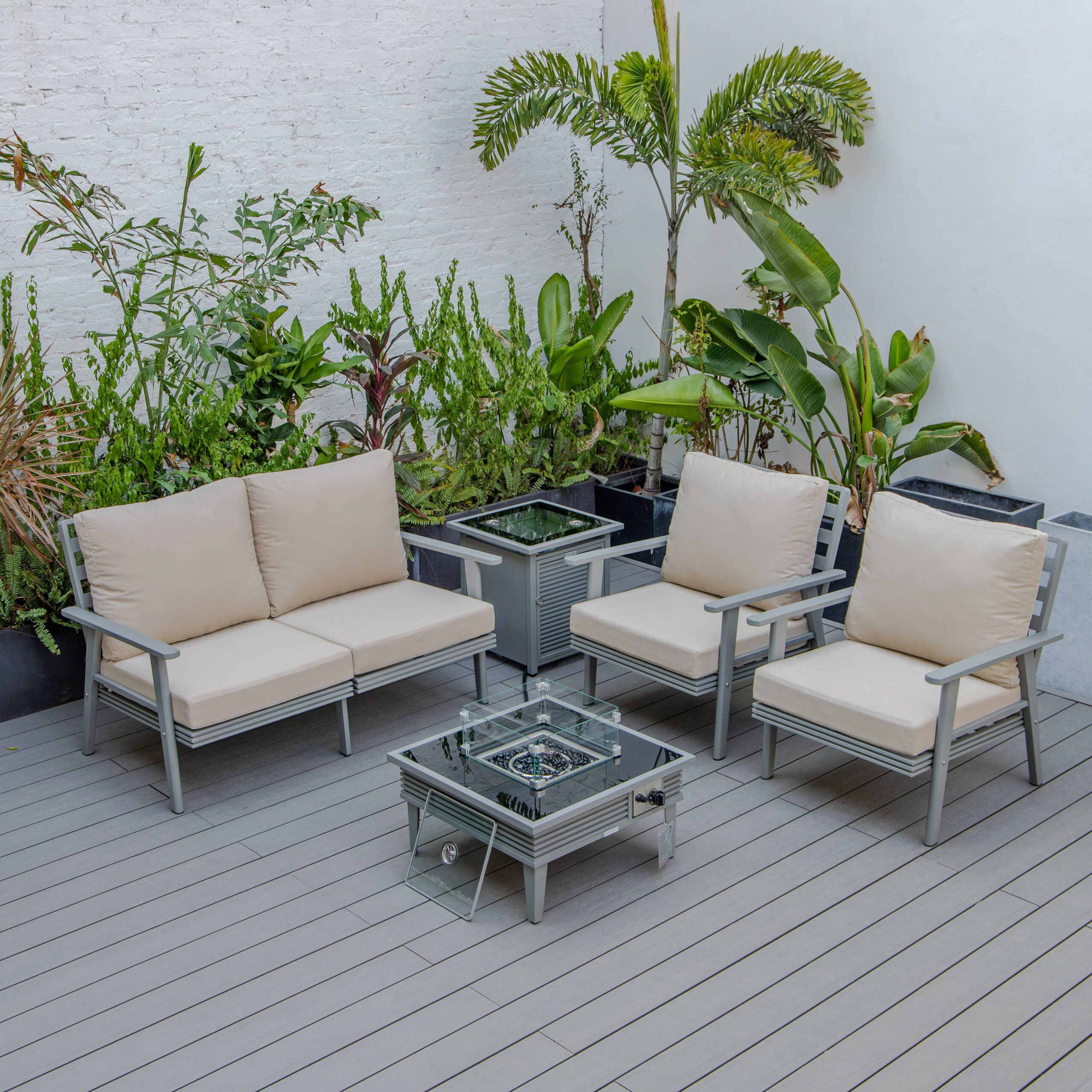 LeisureMod Walbrooke Modern Gray Patio Conversation With Square Fire Pit With Slats Design & Tank Holder - Beige