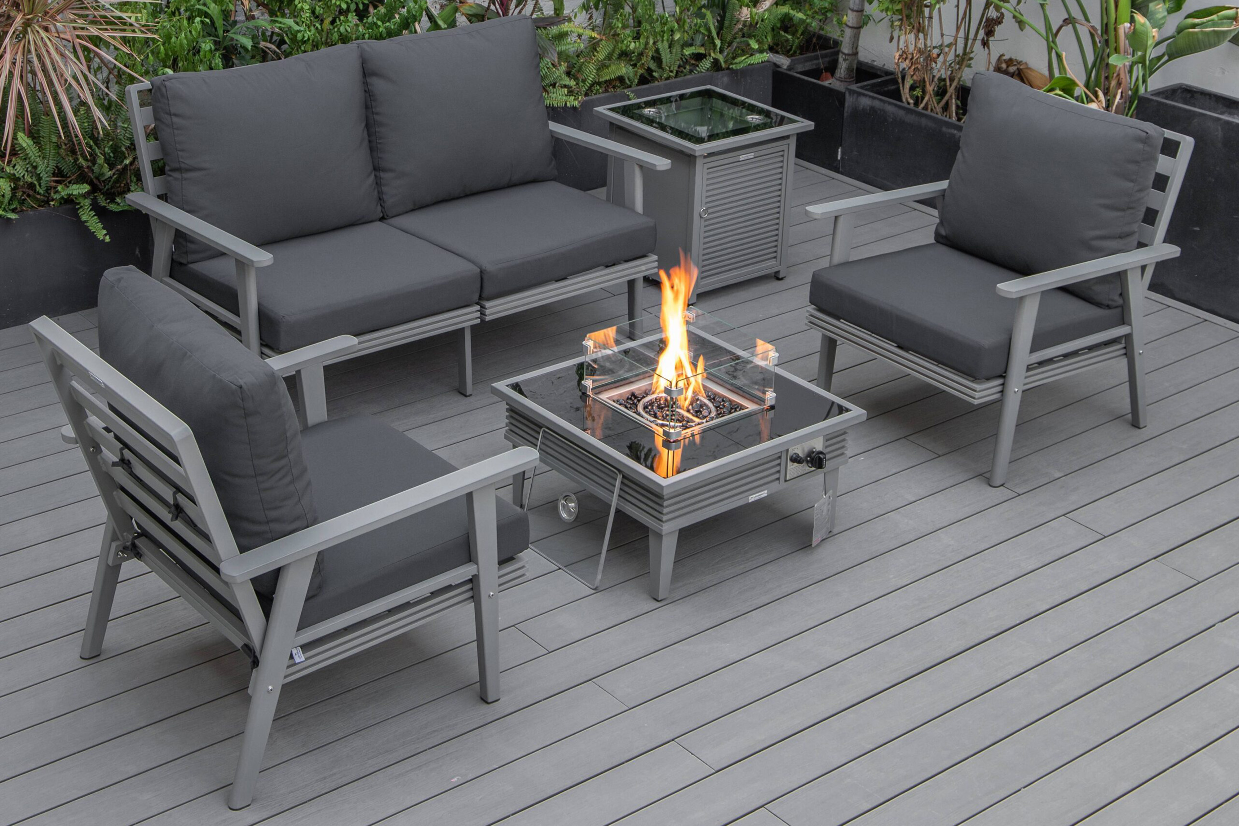 LeisureMod Walbrooke Modern Black Patio Conversation With Square Fire Pit With Slats Design & Tank Holder